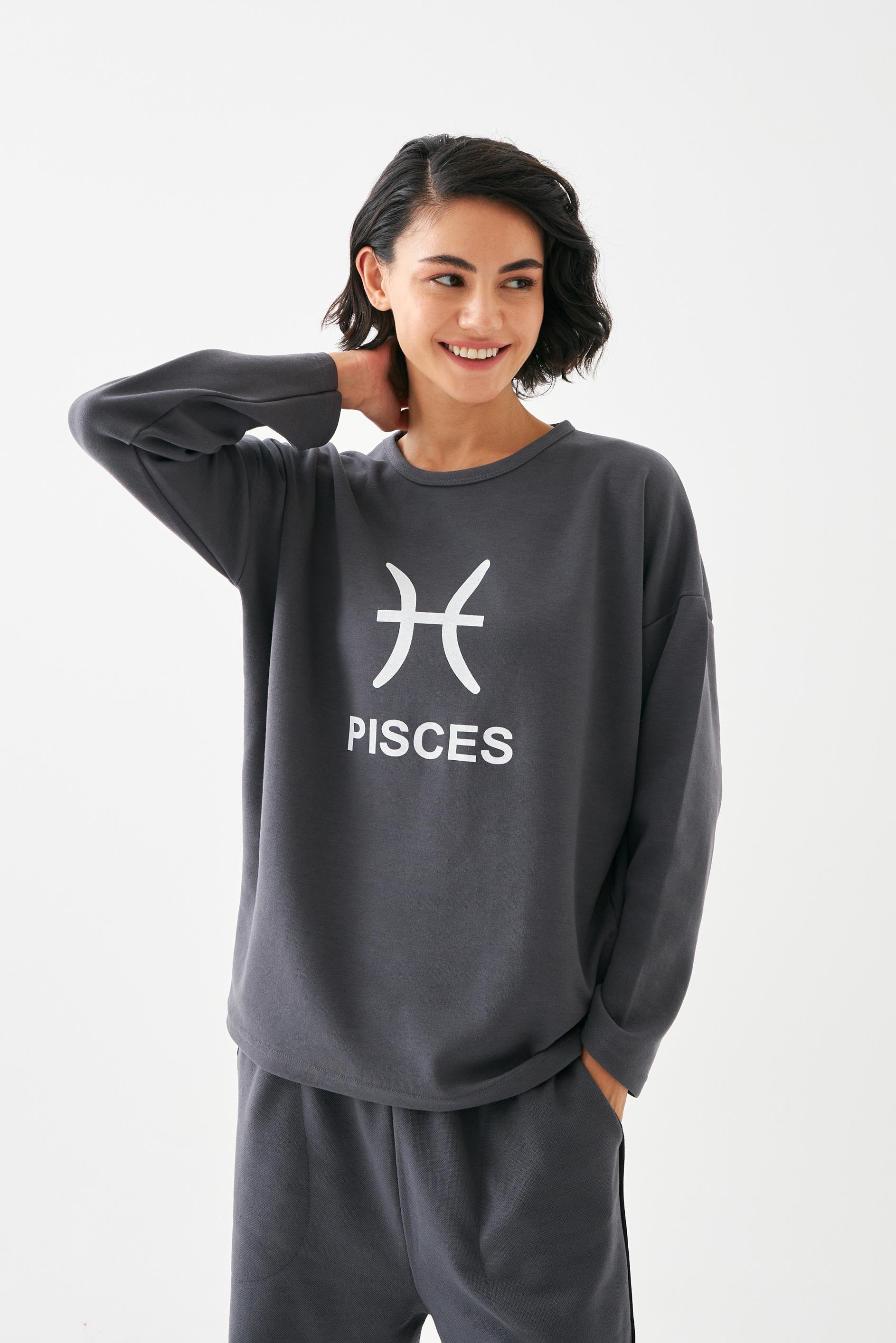 Akbeniz Kadın Füme Balık Burcu Oversize 2 İplik Eşofman Ev Giyim Takımı