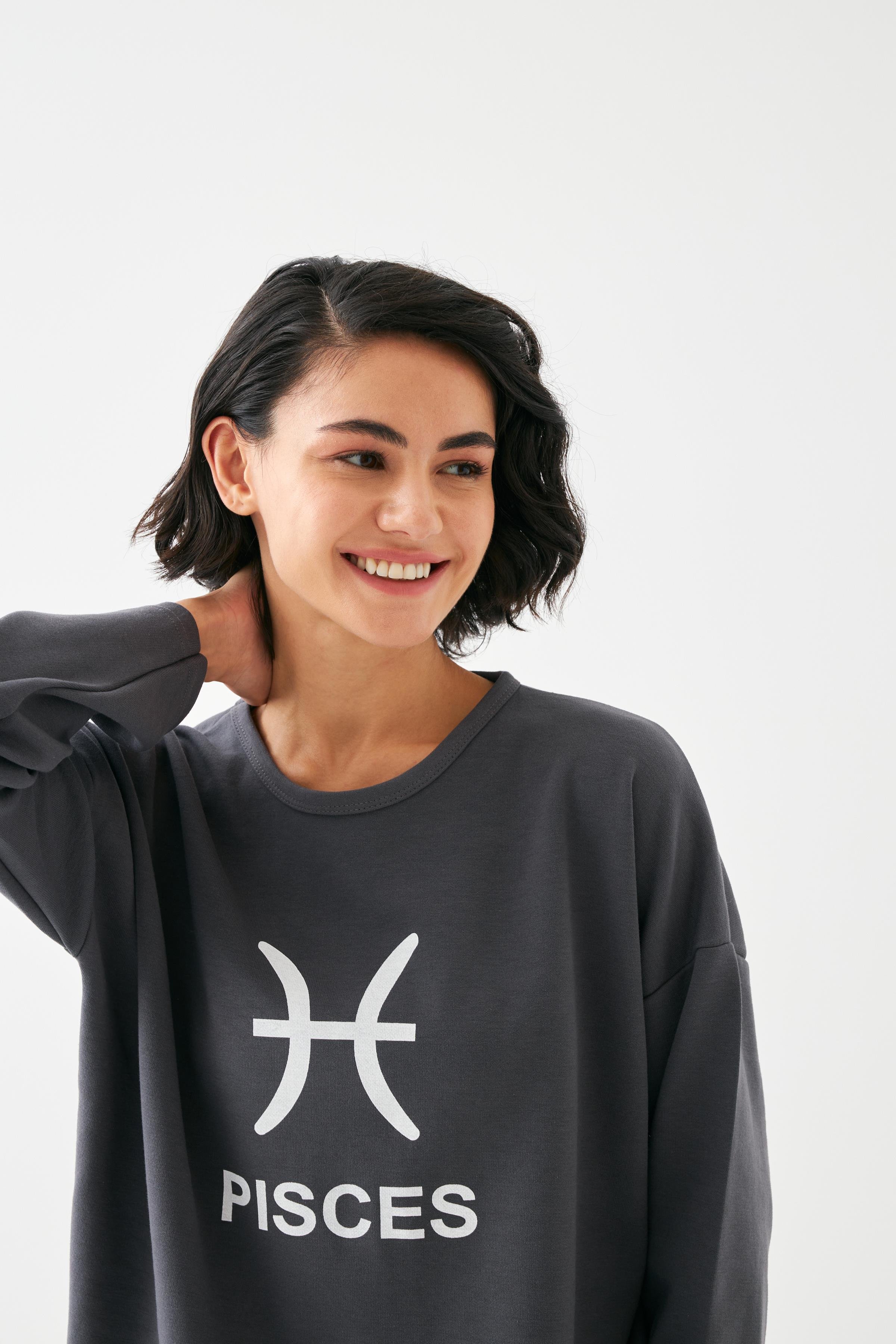 Akbeniz Kadın Füme Balık Burcu Oversize 2 İplik Eşofman Ev Giyim Takımı