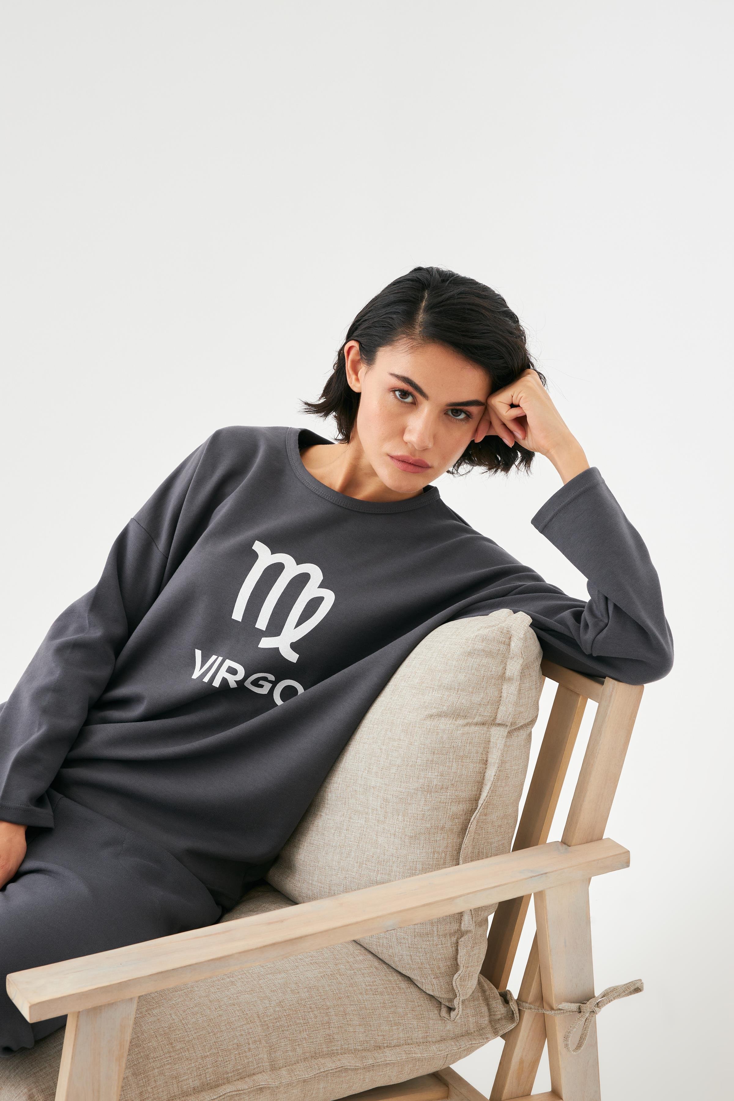 Akbeniz Kadın Füme Başak Burcu Oversize 2 İplik Eşofman Ev Giyim Takımı