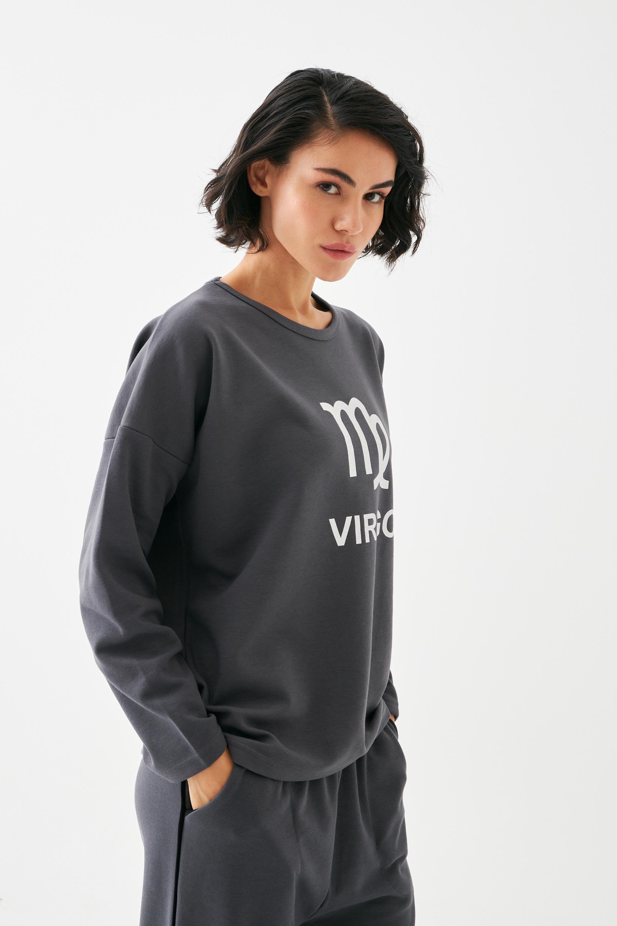 Akbeniz Kadın Füme Başak Burcu Oversize 2 İplik Eşofman Ev Giyim Takımı