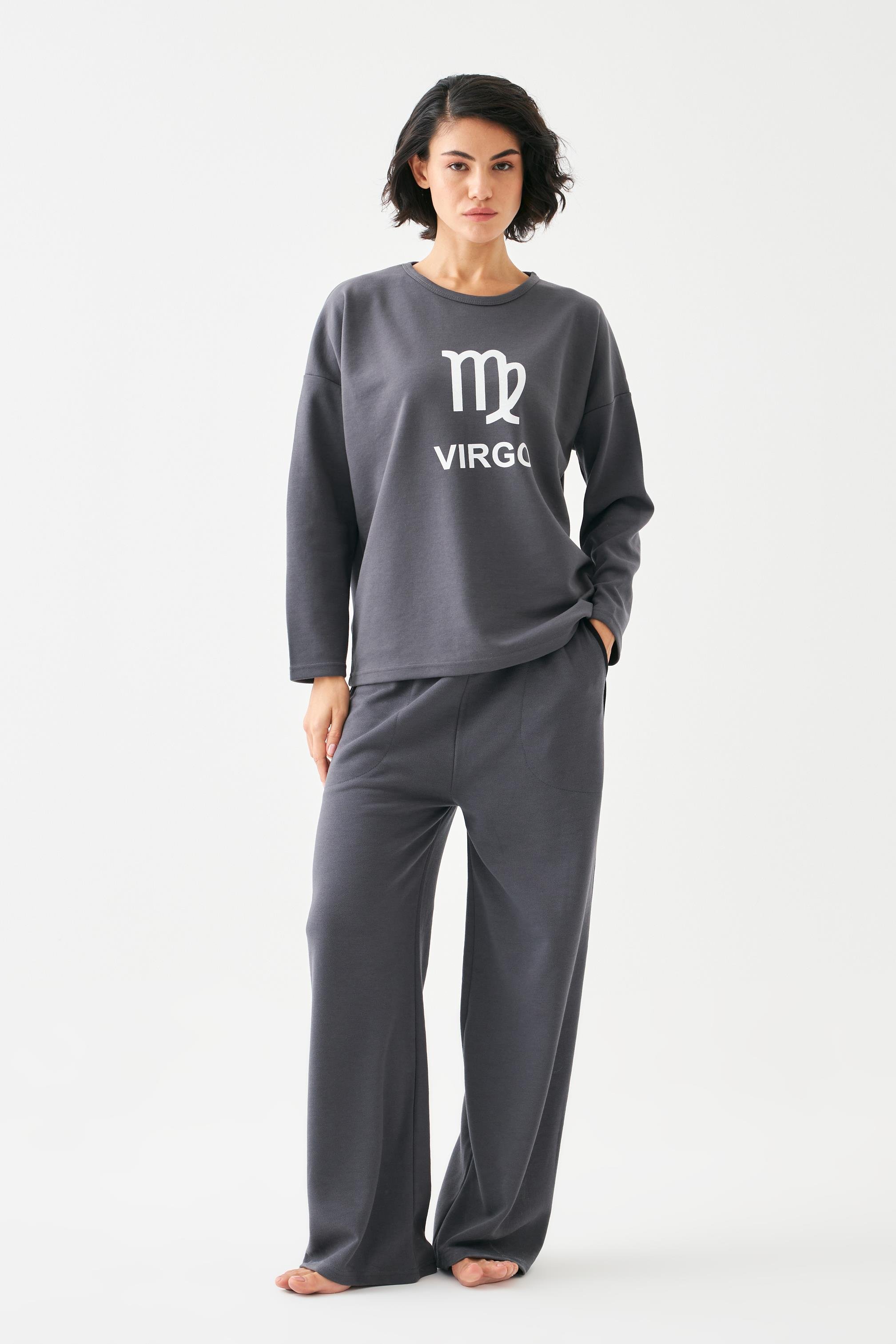 Akbeniz Kadın Füme Başak Burcu Oversize 2 İplik Eşofman Ev Giyim Takımı