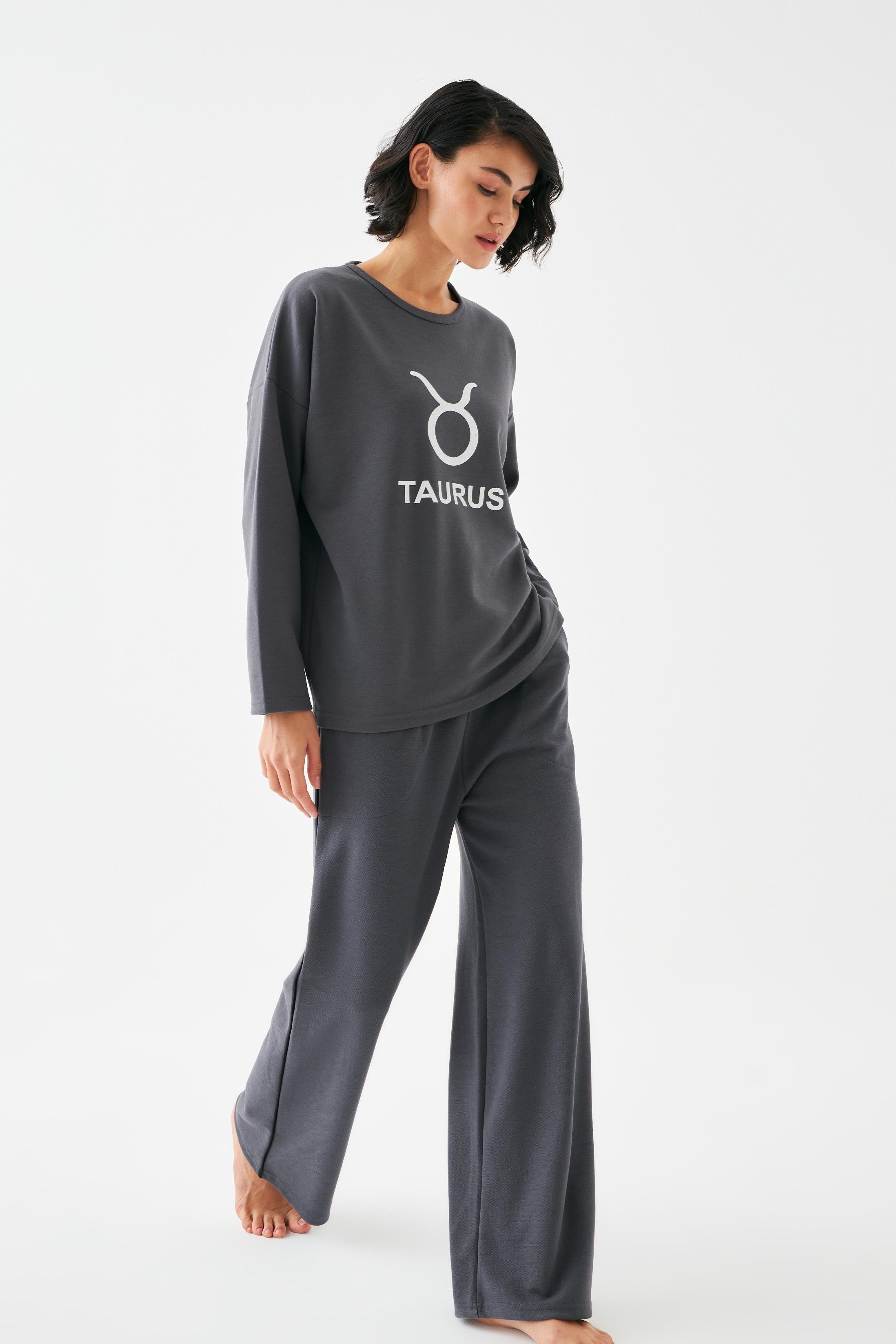 Akbeniz Kadın Füme Boğa Burcu Oversize 2 İplik Eşofman Ev Giyim Takımı