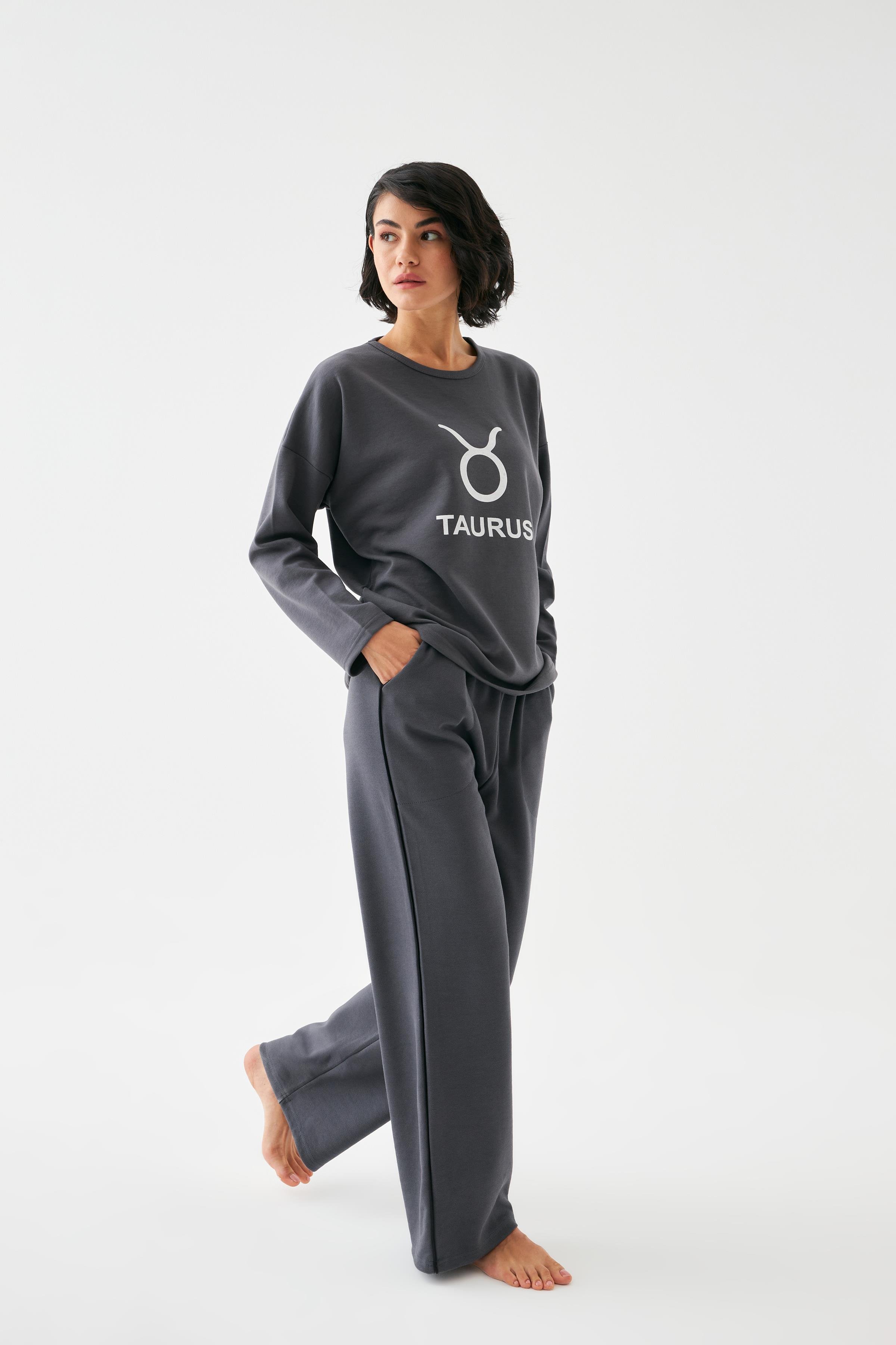 Akbeniz Kadın Füme Boğa Burcu Oversize 2 İplik Eşofman Ev Giyim Takımı