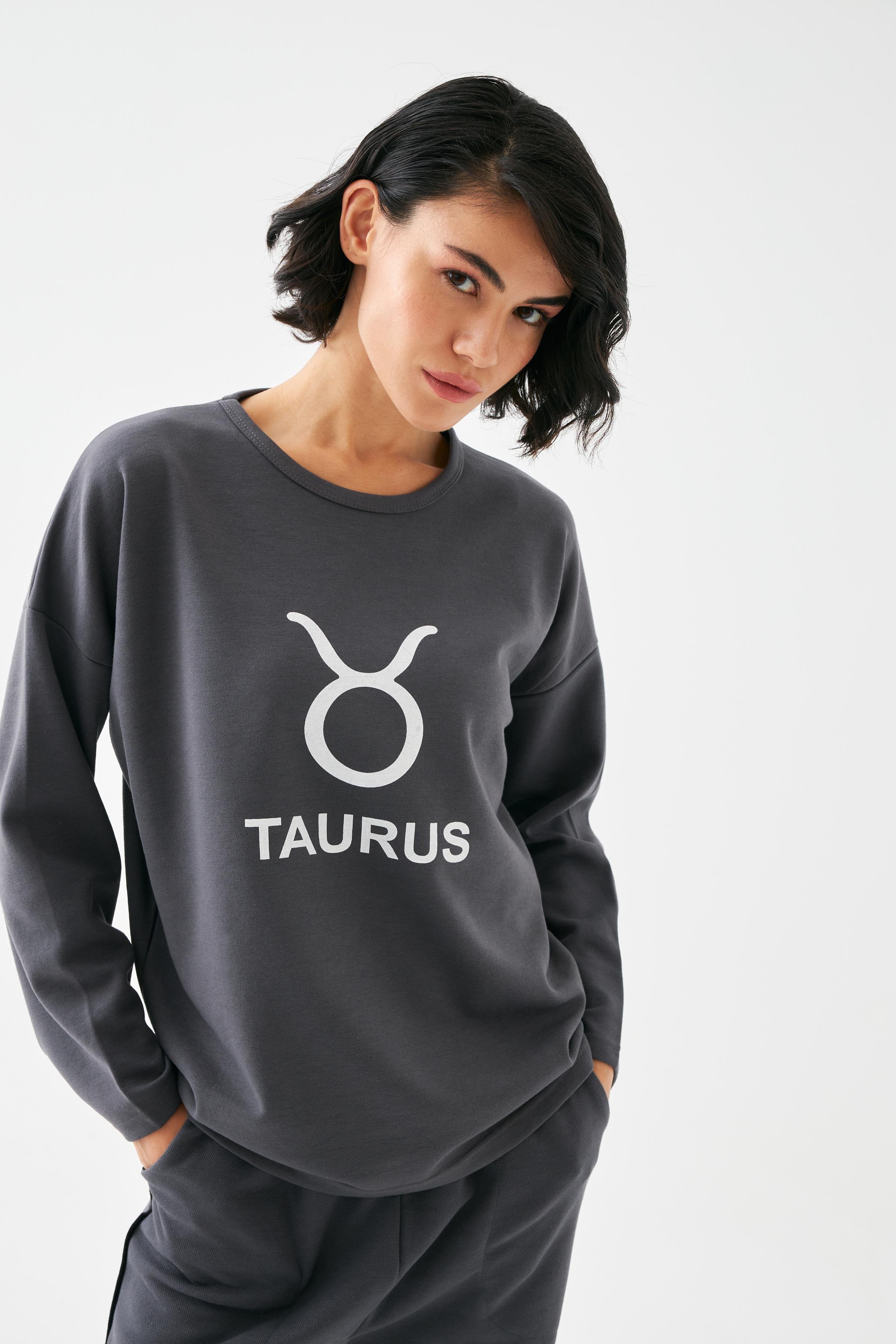 Akbeniz Kadın Füme Boğa Burcu Oversize 2 İplik Eşofman Ev Giyim Takımı