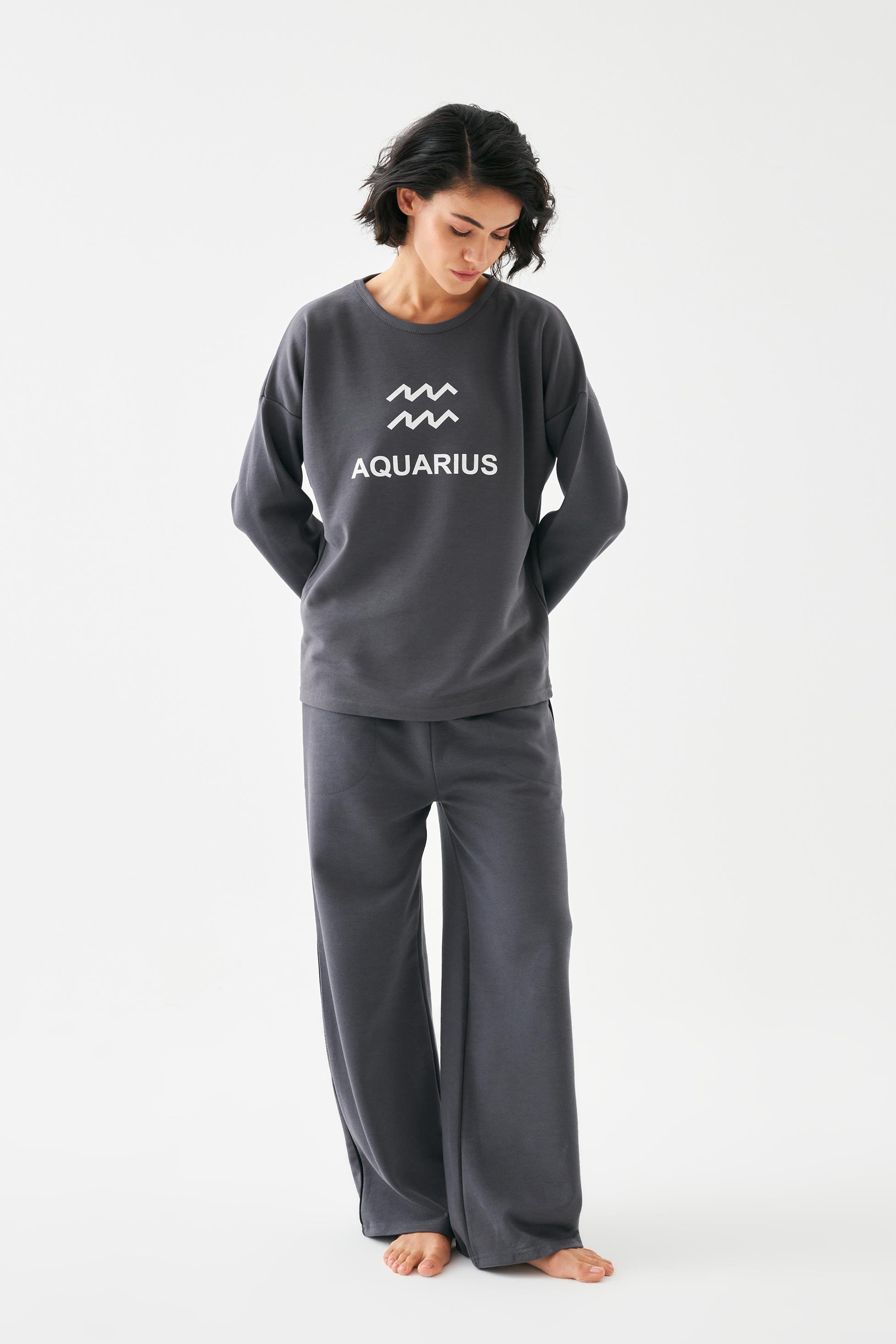 Akbeniz Kadın Füme Kova Burcu Oversize 2 İplik Eşofman Ev Giyim Takımı