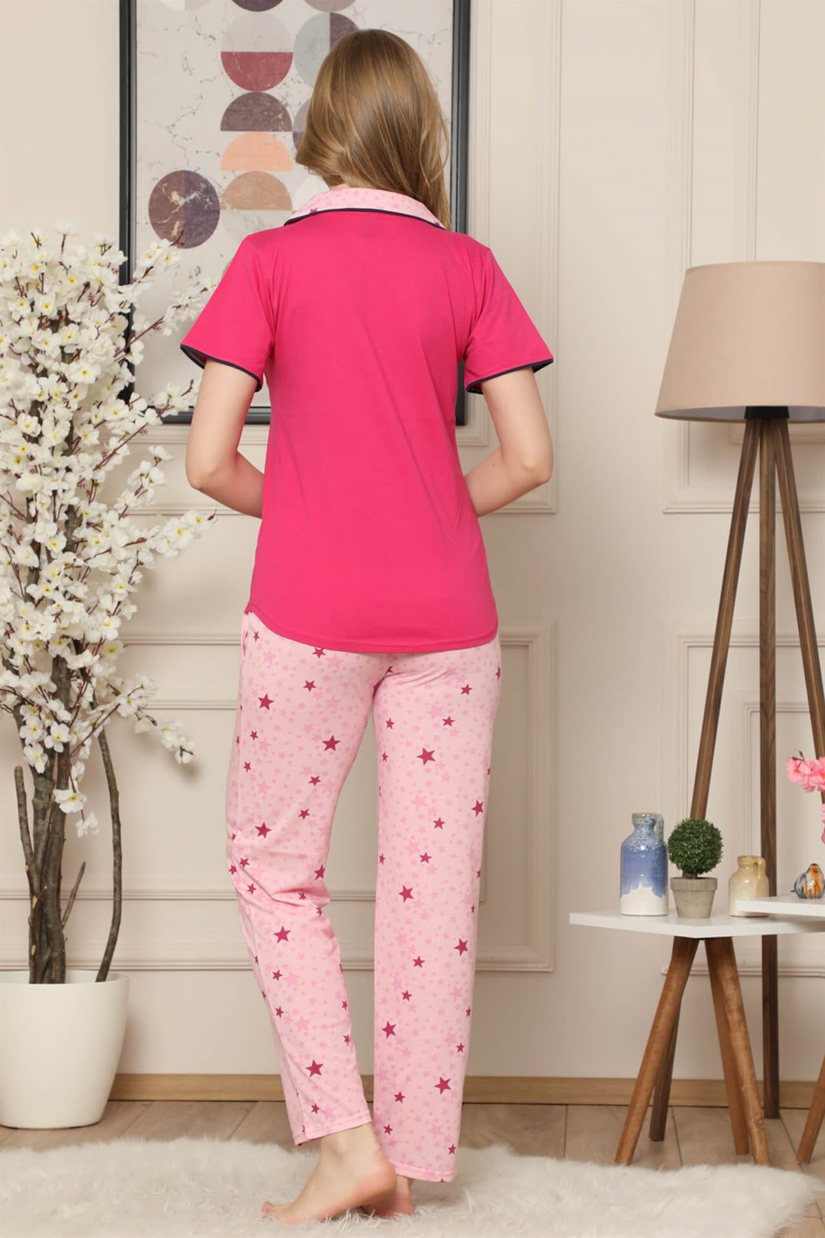 Akbeniz Kadın Fuşya Pamuklu Düğmeli Cepli Uzun Kol Pijama Takım 2543