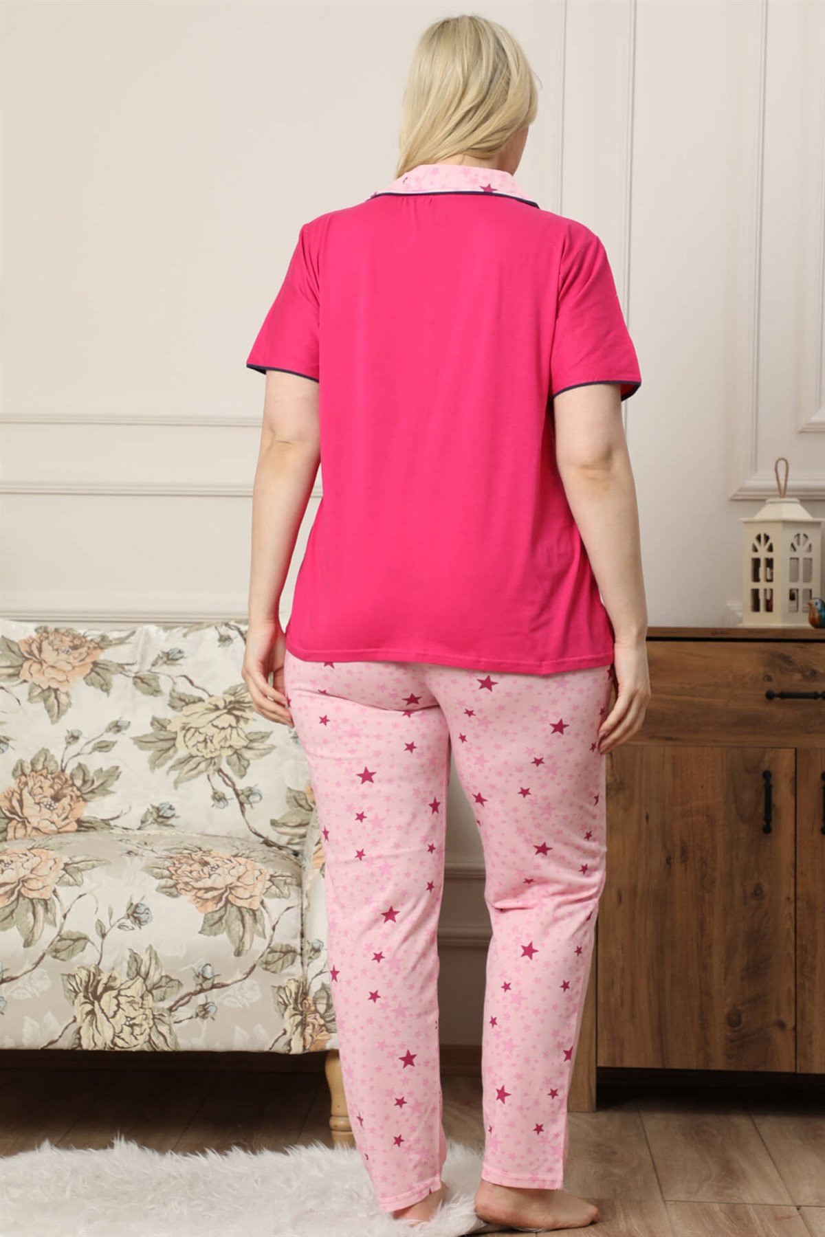 Akbeniz Kadın Fuşya Pamuklu Düğmeli Cepli Kısa Kol Büyük Beden Pijama Takım 202039