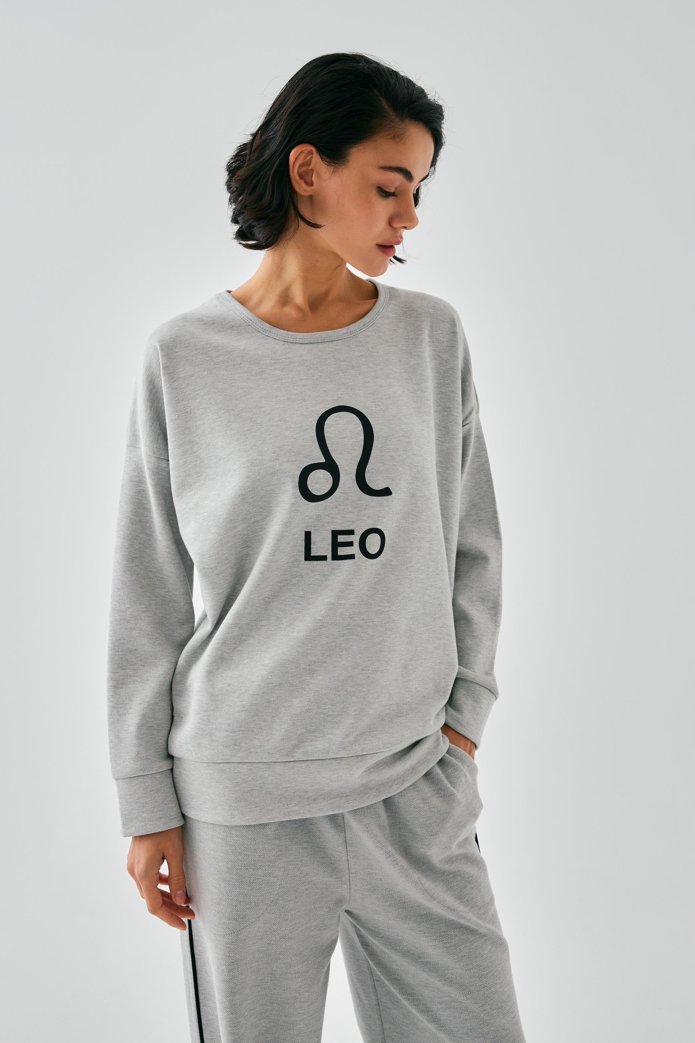 Akbeniz Kadın Gri Aslan Burcu Oversize 2 İplik Eşofman Ev Giyim Takımı