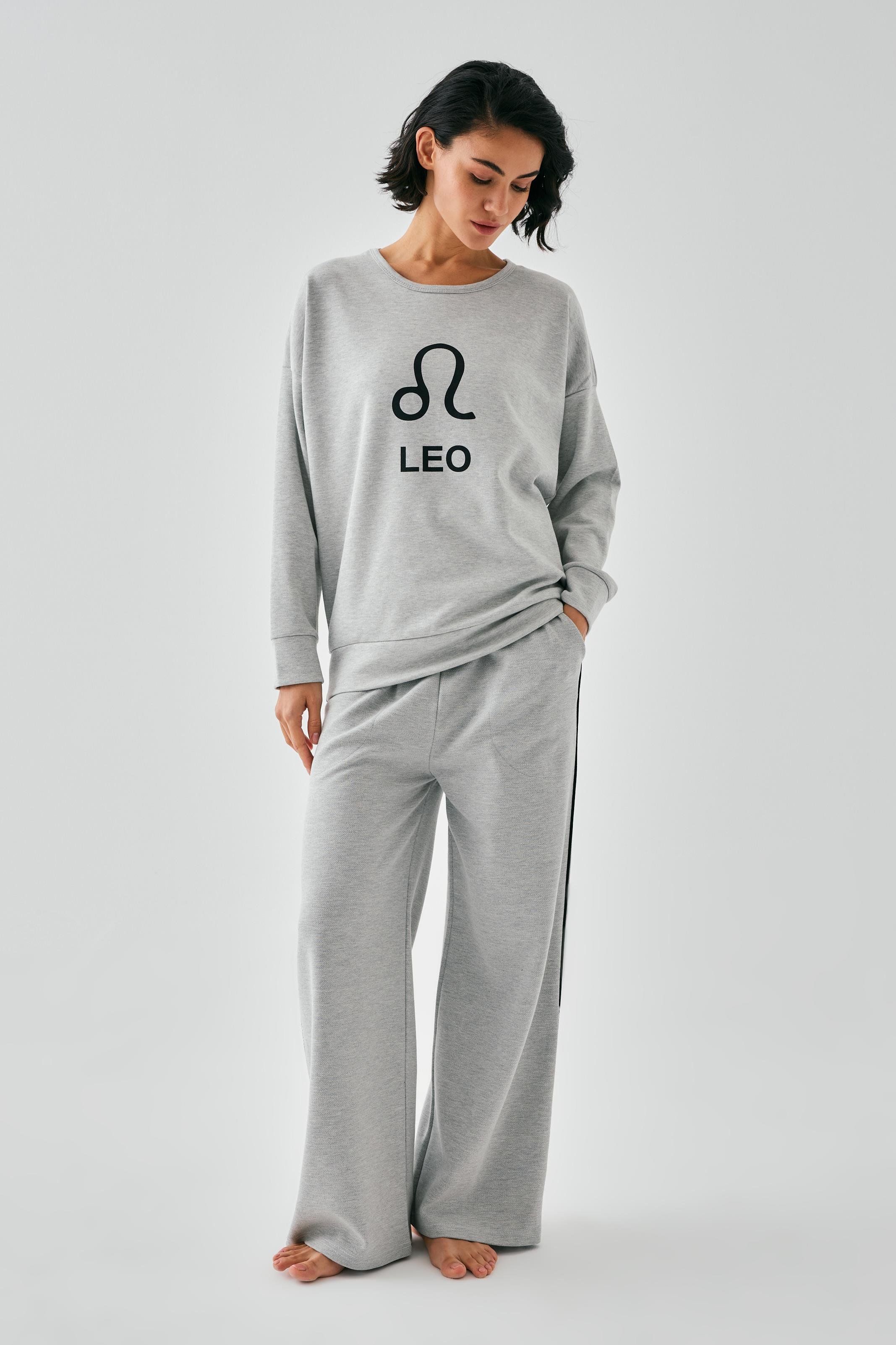 Akbeniz Kadın Gri Aslan Burcu Oversize 2 İplik Eşofman Ev Giyim Takımı