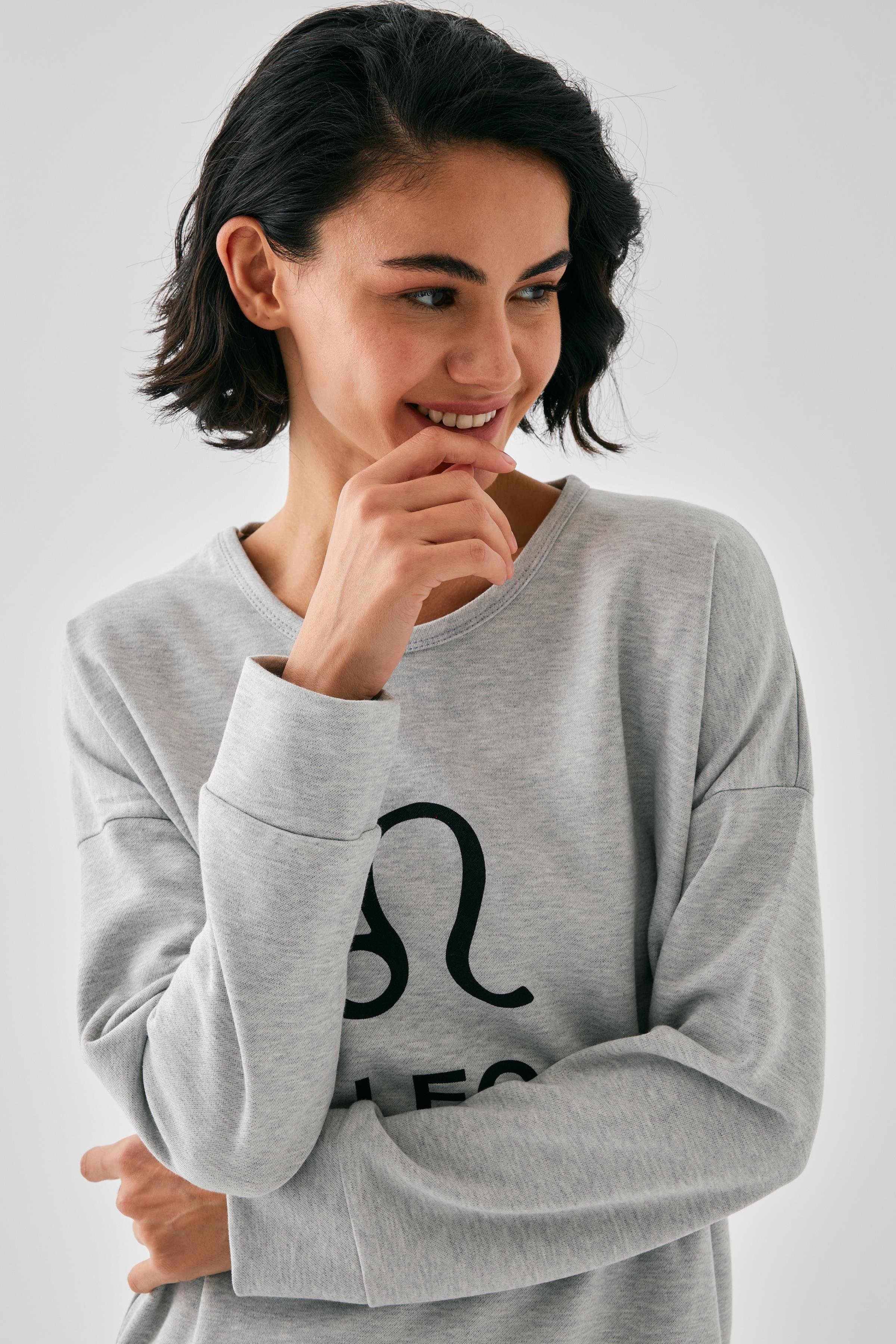 Akbeniz Kadın Gri Aslan Burcu Oversize 2 İplik Eşofman Ev Giyim Takımı