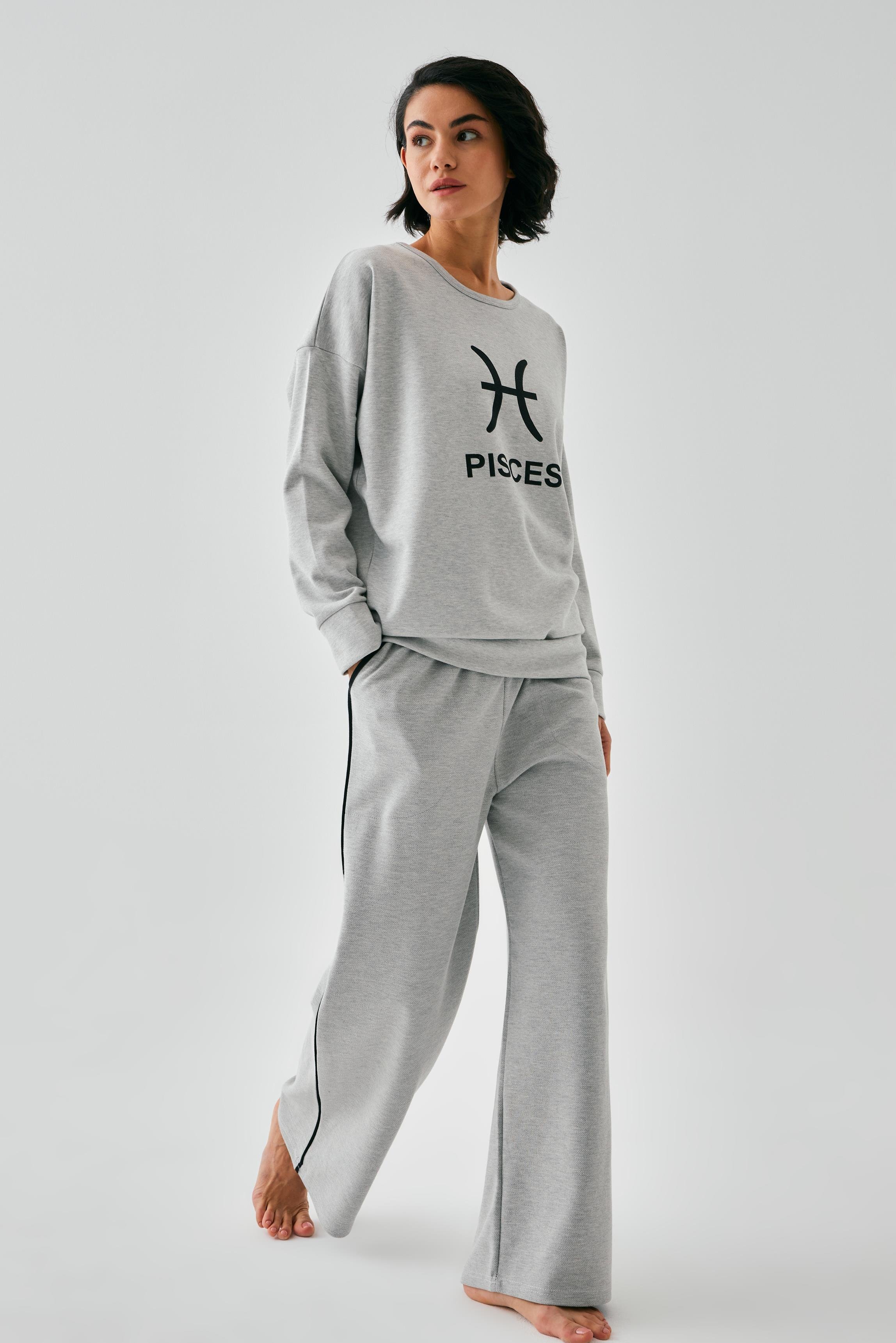 Akbeniz Kadın Gri Balık Burcu Oversize 2 İplik Eşofman Ev Giyim Takımı