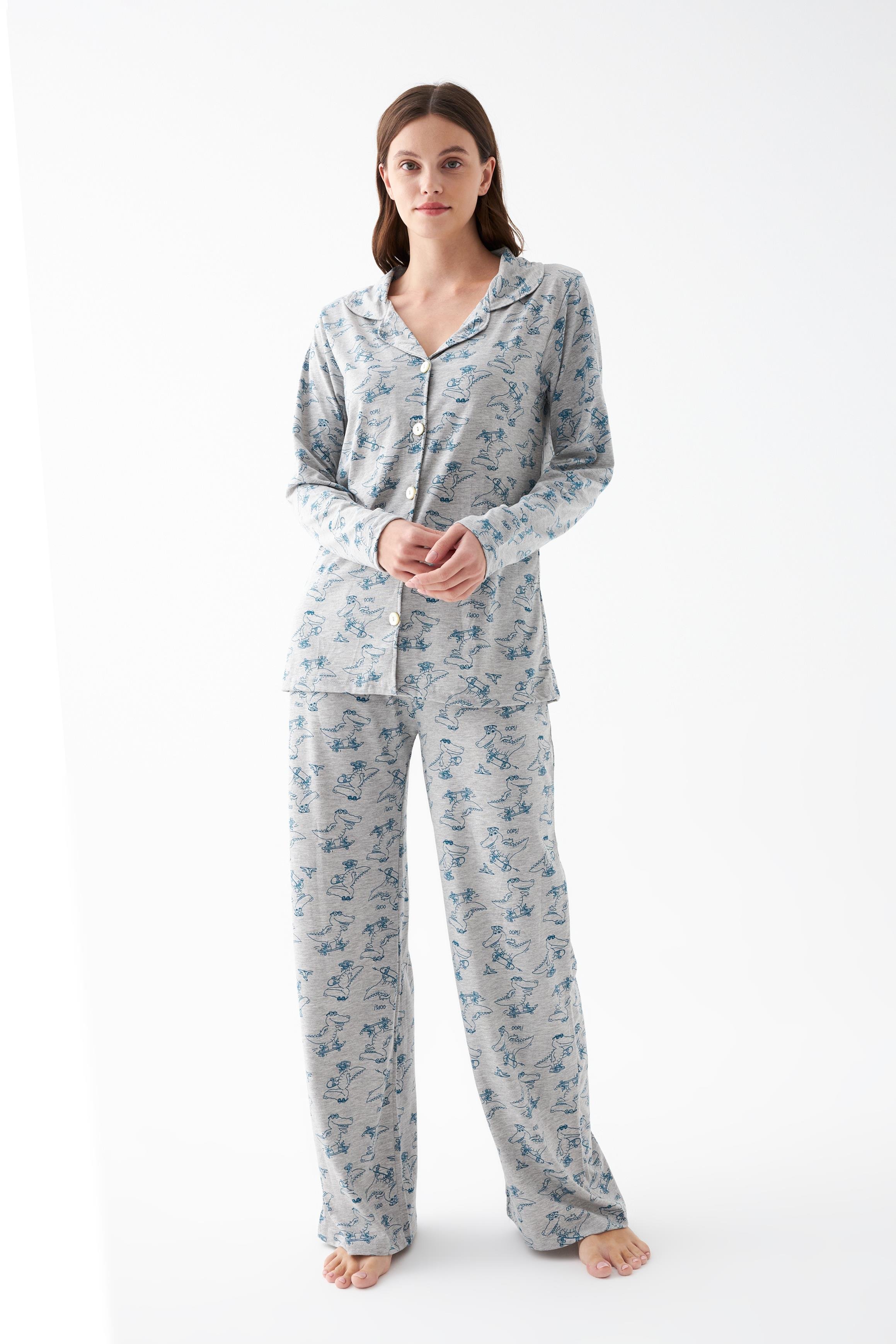 Akbeniz Kadın Gri Desenli Düğmeli Pamuklu Pijama Takımı