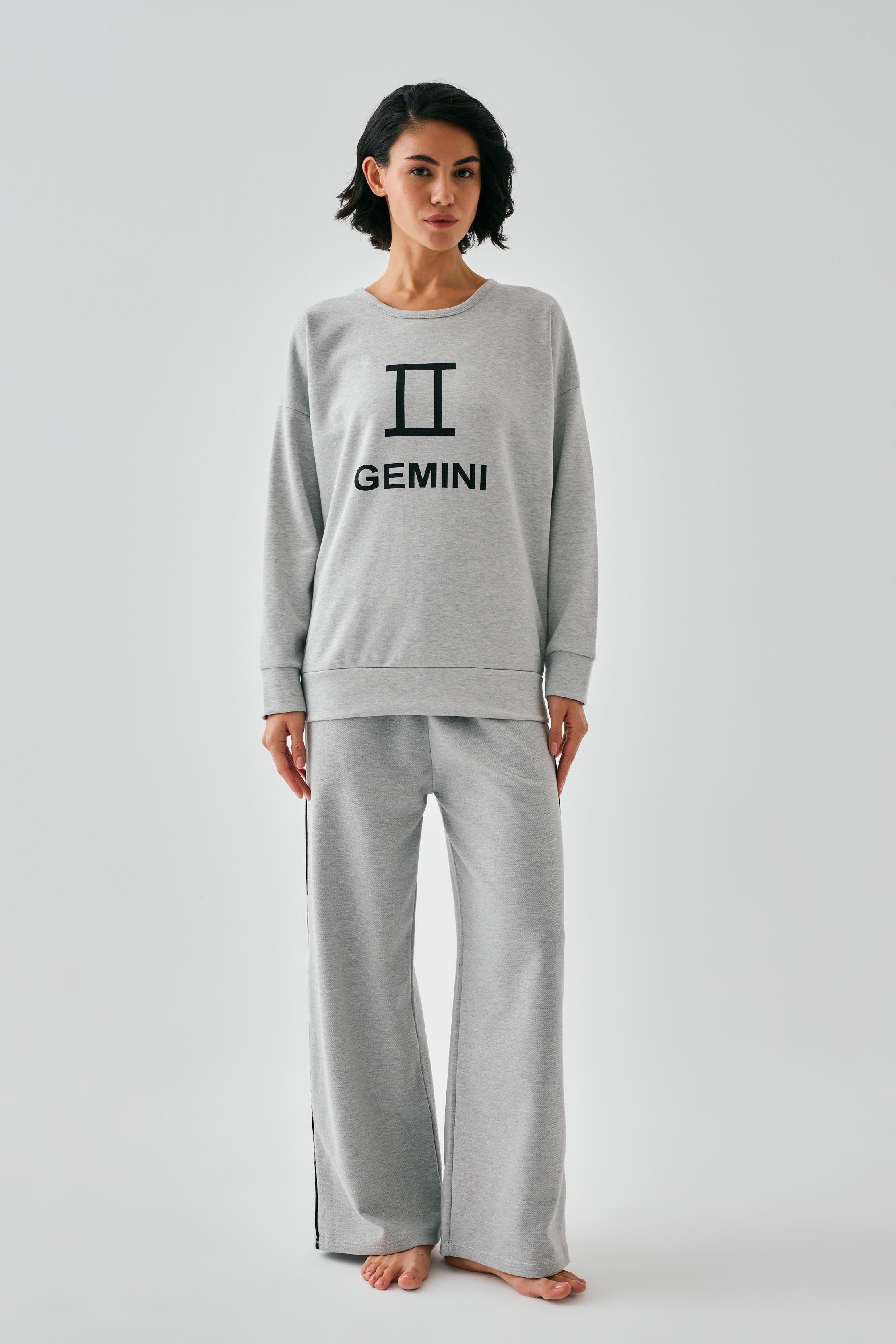 Akbeniz Kadın Gri İkizler Burcu Oversize 2 İplik Eşofman Ev Giyim Takımı