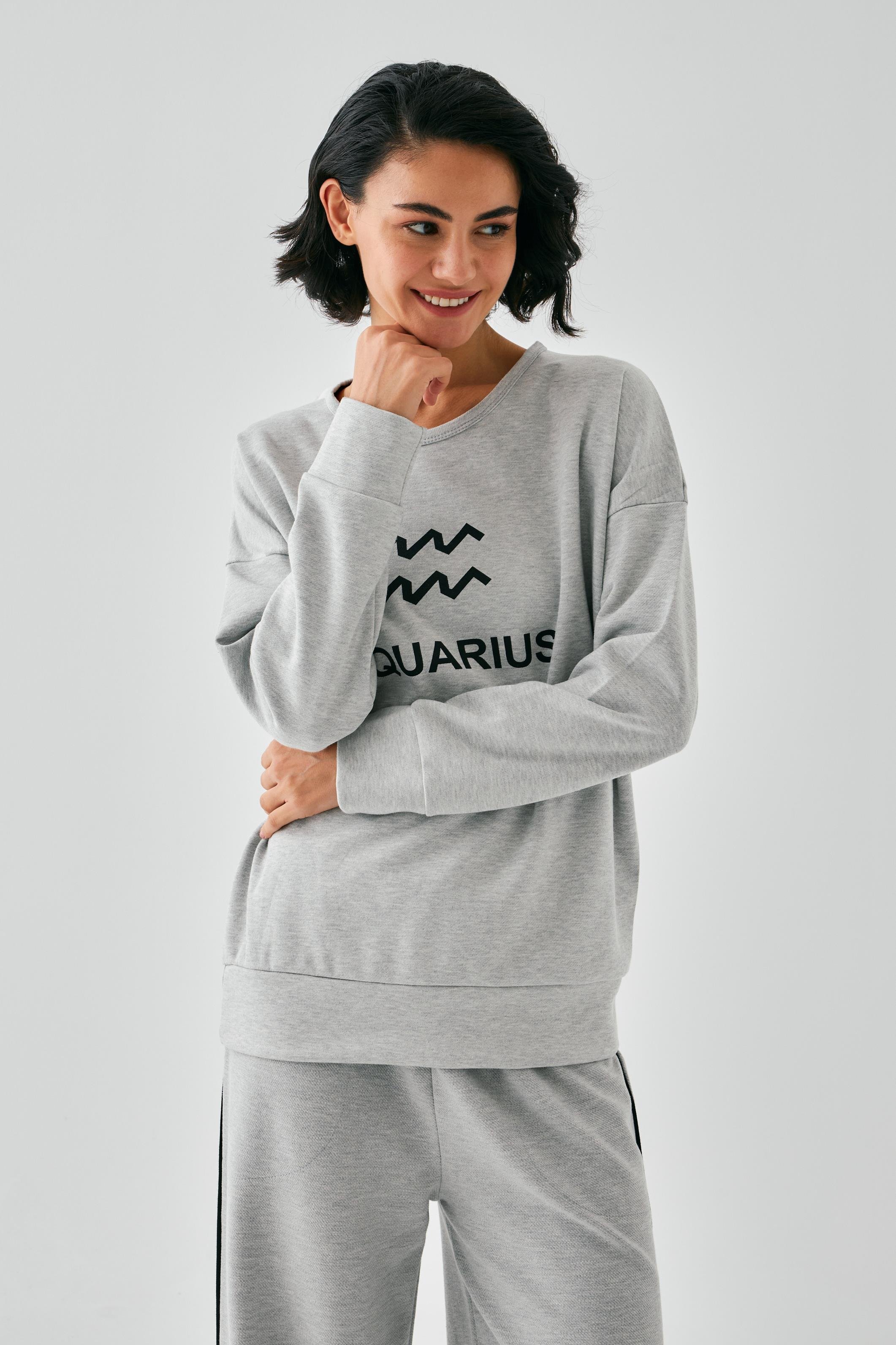 Akbeniz Kadın Gri Kova Burcu Oversize 2 İplik Eşofman Ev Giyim Takımı