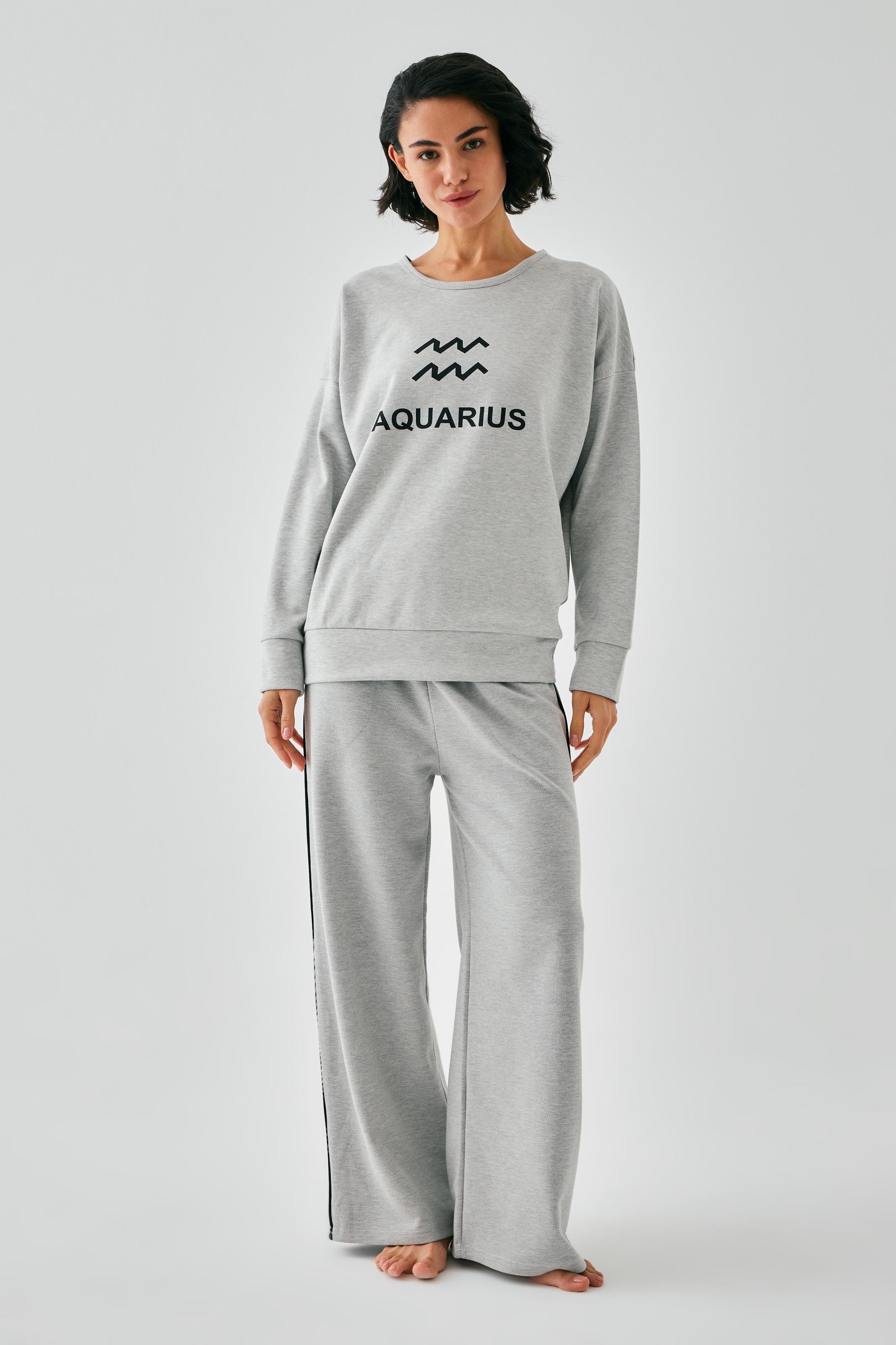 Akbeniz Kadın Gri Kova Burcu Oversize 2 İplik Eşofman Ev Giyim Takımı