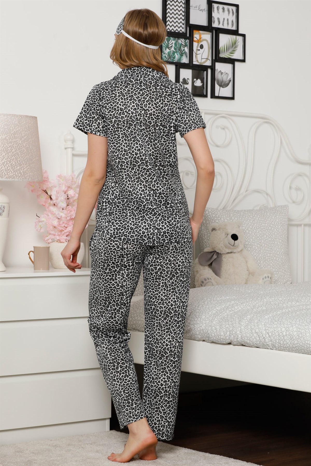 Akbeniz Kadın Gri Leopar Desenli Pamuklu Cepli Kısa Kol Pijama Takım 2527