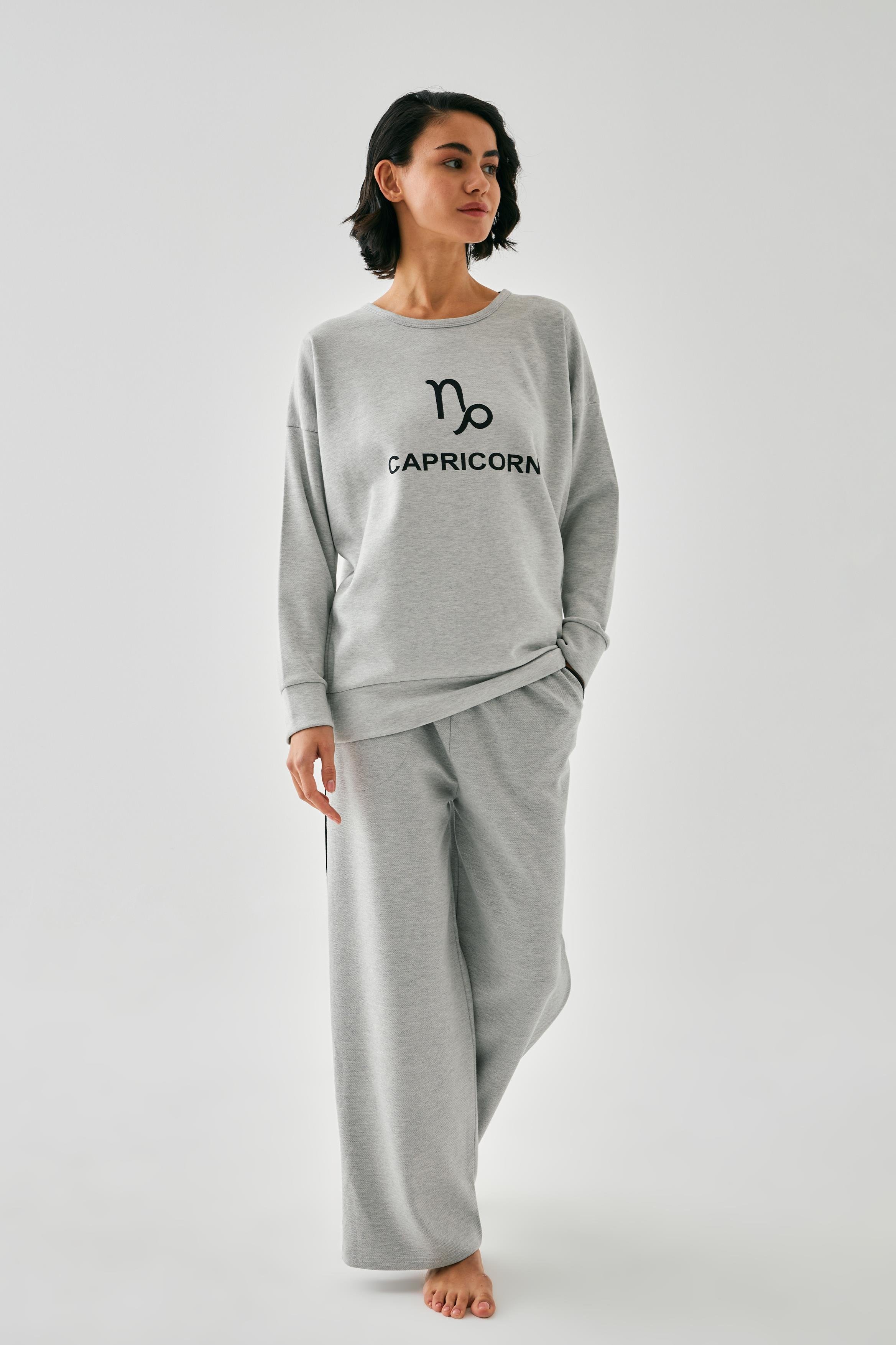 Akbeniz Kadın Gri Oğlak Burcu Oversize 2 İplik Eşofman Ev Giyim Takımı