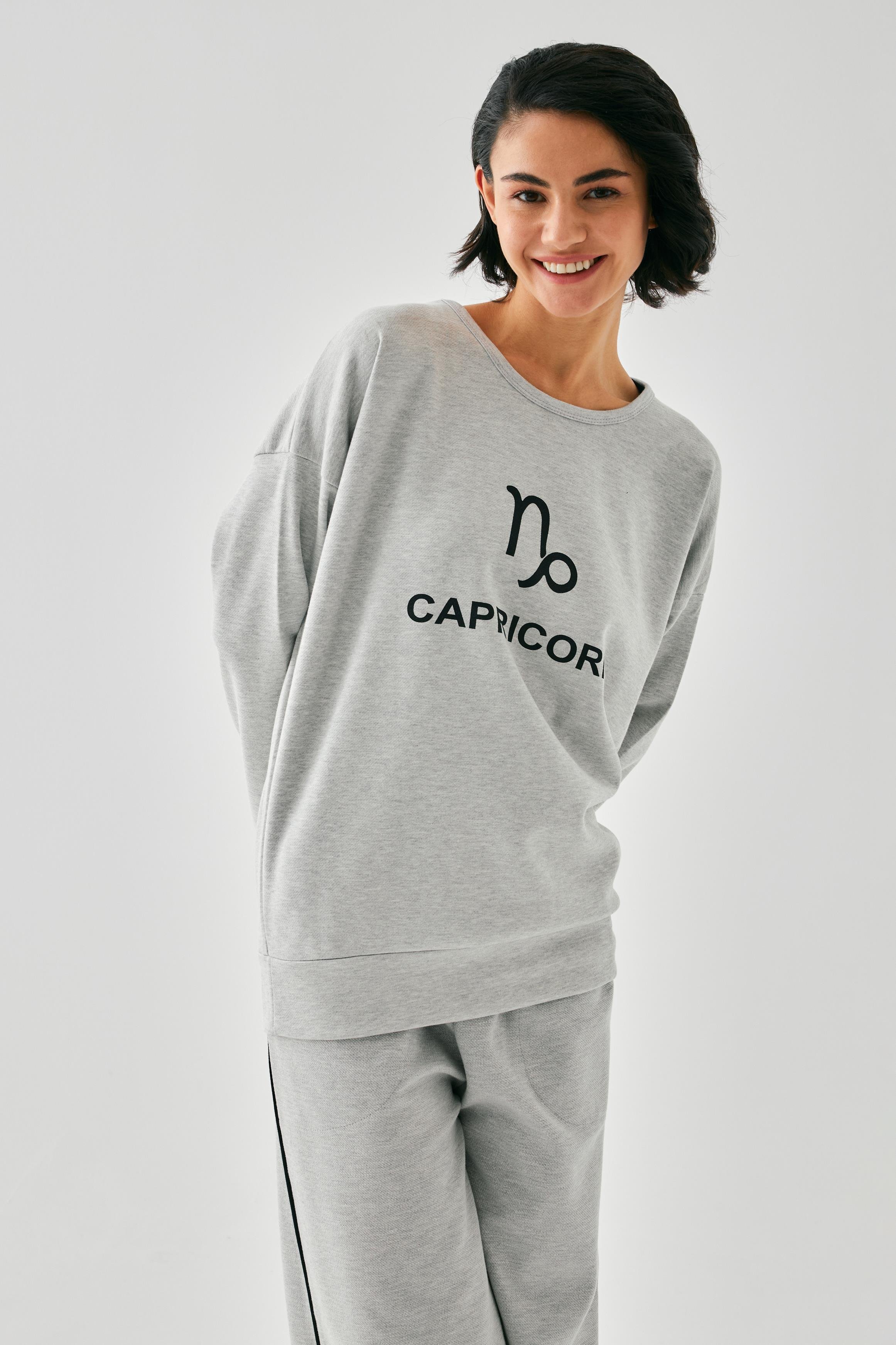 Akbeniz Kadın Gri Oğlak Burcu Oversize 2 İplik Eşofman Ev Giyim Takımı