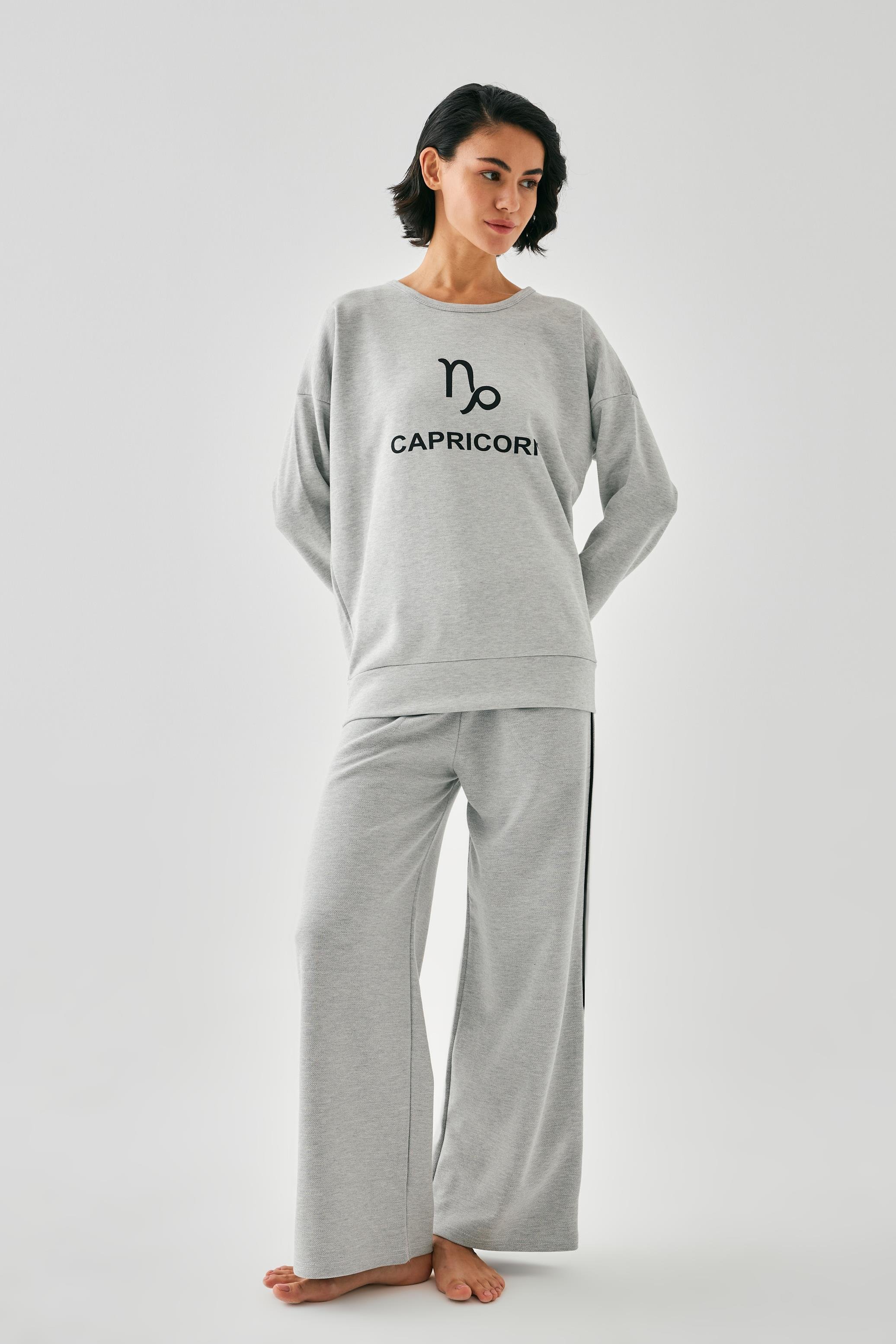 Akbeniz Kadın Gri Oğlak Burcu Oversize 2 İplik Eşofman Ev Giyim Takımı