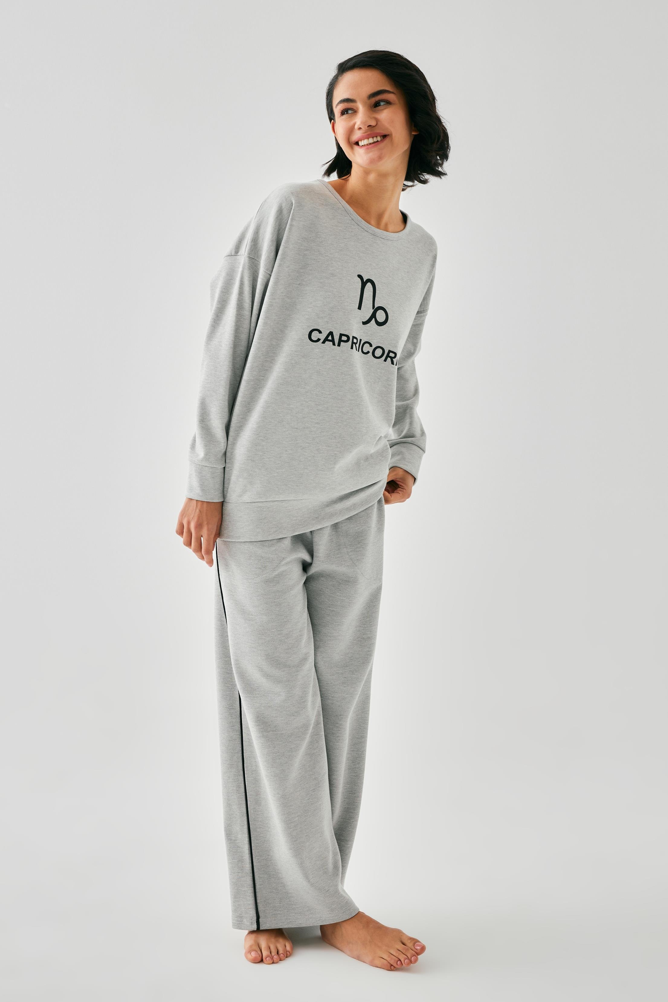 Akbeniz Kadın Gri Oğlak Burcu Oversize 2 İplik Eşofman Ev Giyim Takımı