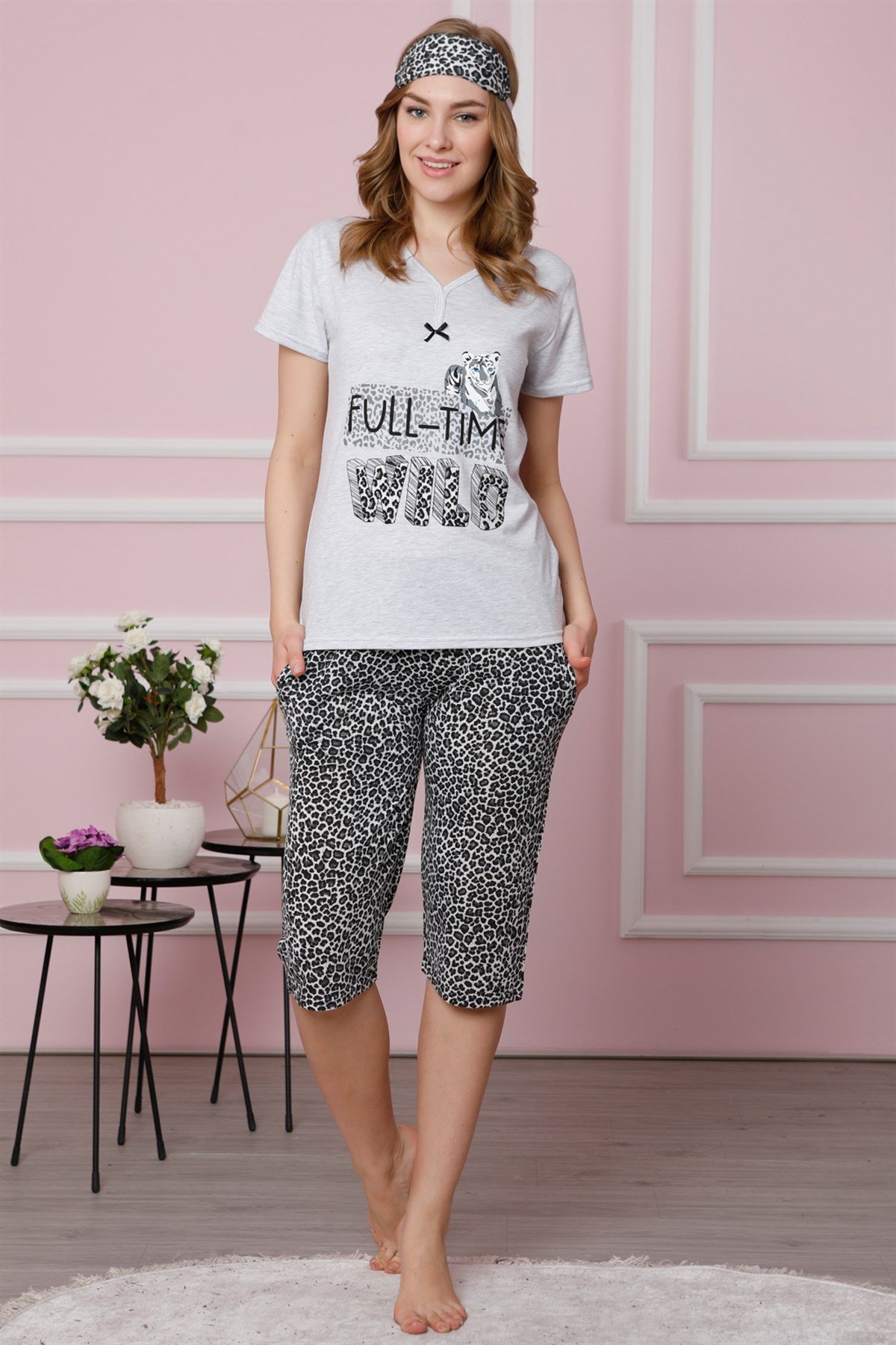 Akbeniz Kadın Gri Pamuklu Cepli Kapri Pijama Takım 3520