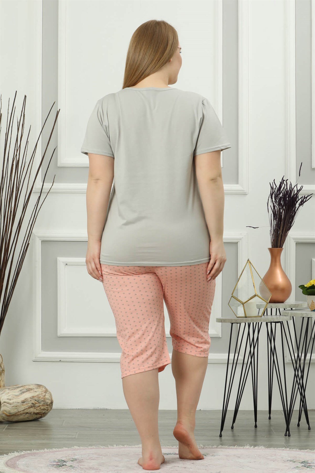 Akbeniz Kadın Gri Pamuklu Cepli Kısa Kol Büyük Beden Kapri Pijama Takım 202022