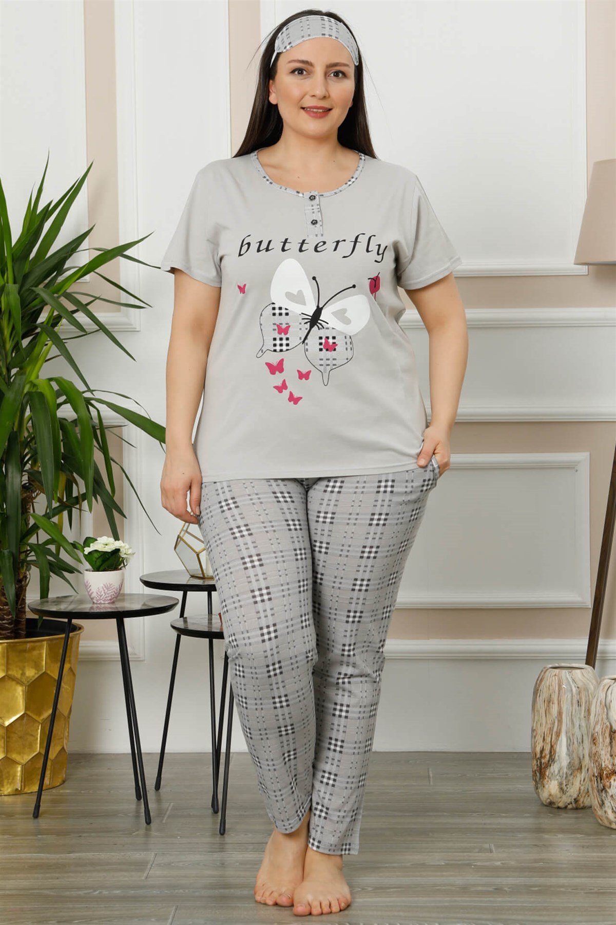 Akbeniz Kadın Gri Pamuklu Cepli Kısa Kol Büyük Beden Pijama Takım 202003