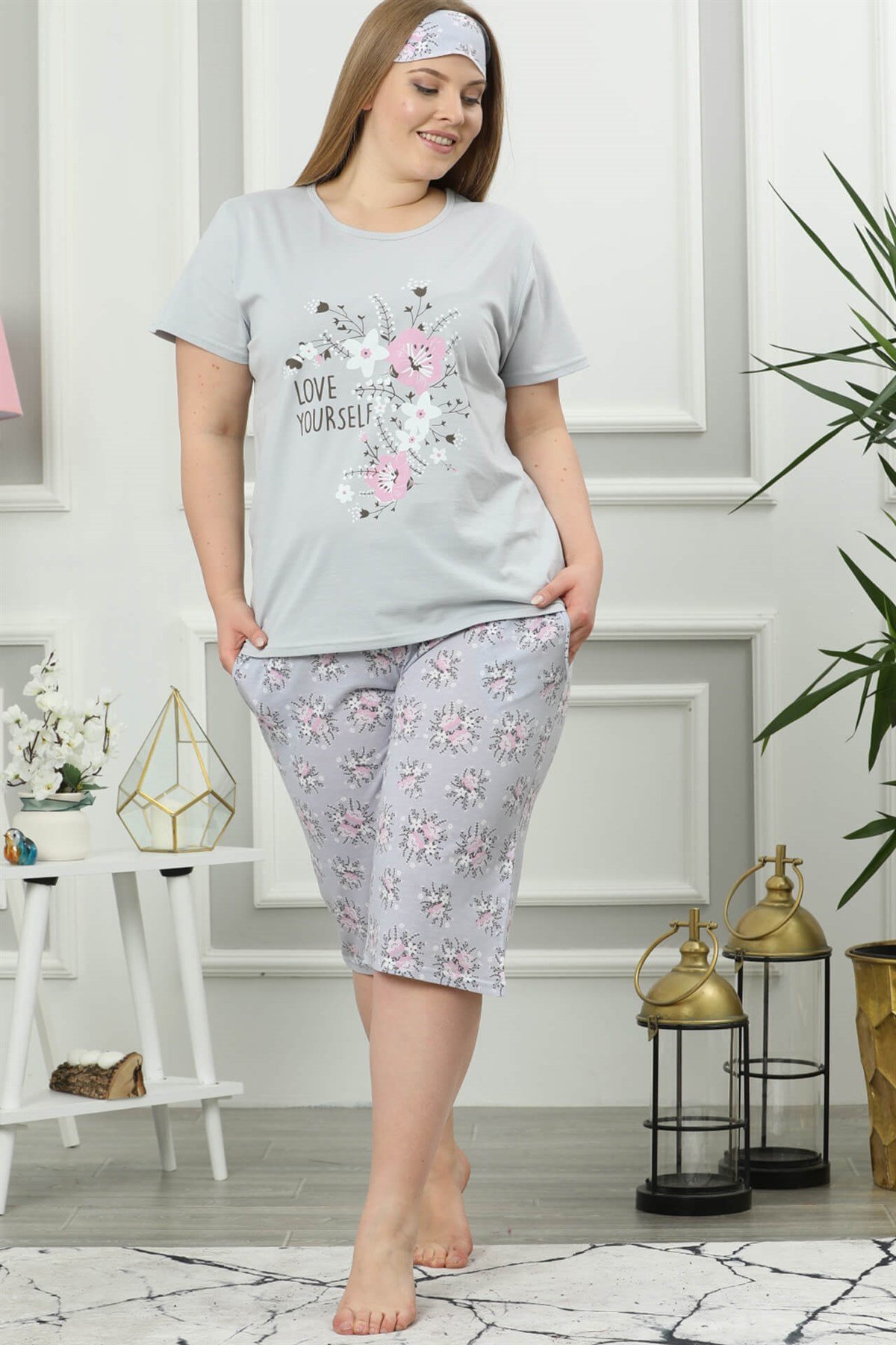 Akbeniz Kadın Gri Pamuklu Cepli Kısa Kol Büyük Beden Kapri Pijama Takım 202024