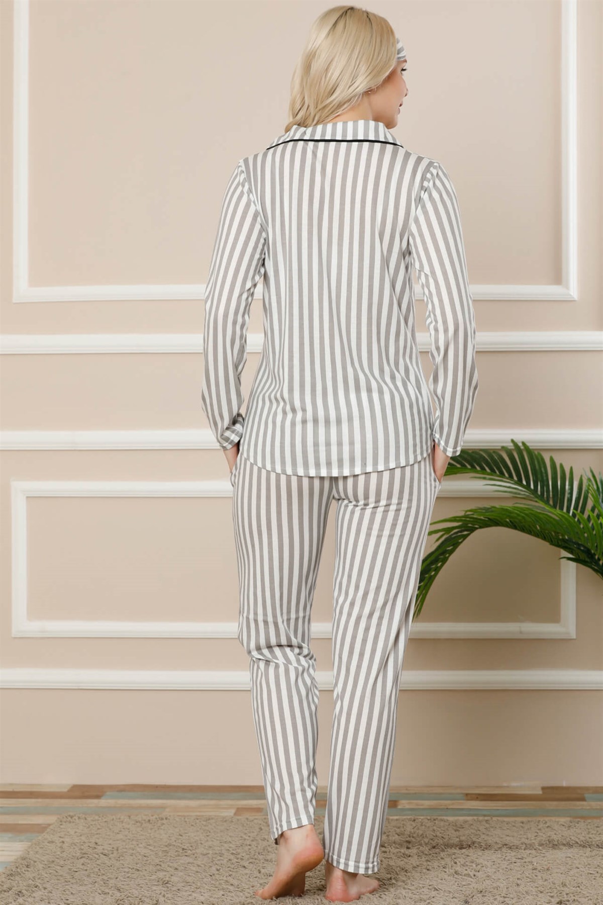 Akbeniz Kadın Gri Pamuklu Düğmeli Cepli Uzun Kol Pijama Takım 2457