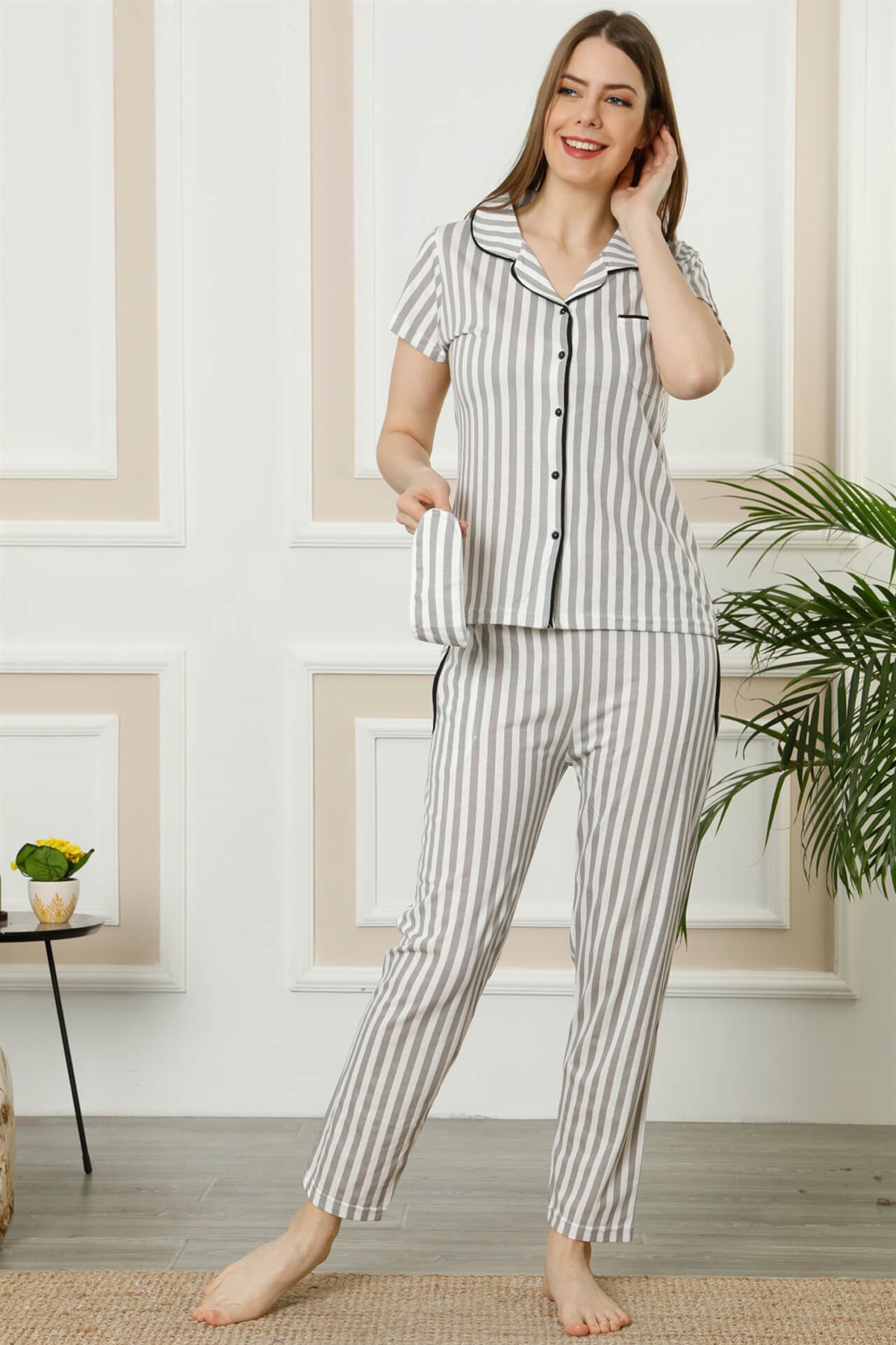 Akbeniz Kadın Gri Pamuklu Düğmeli Cepli Kısa Kol Pijama Takım 2389