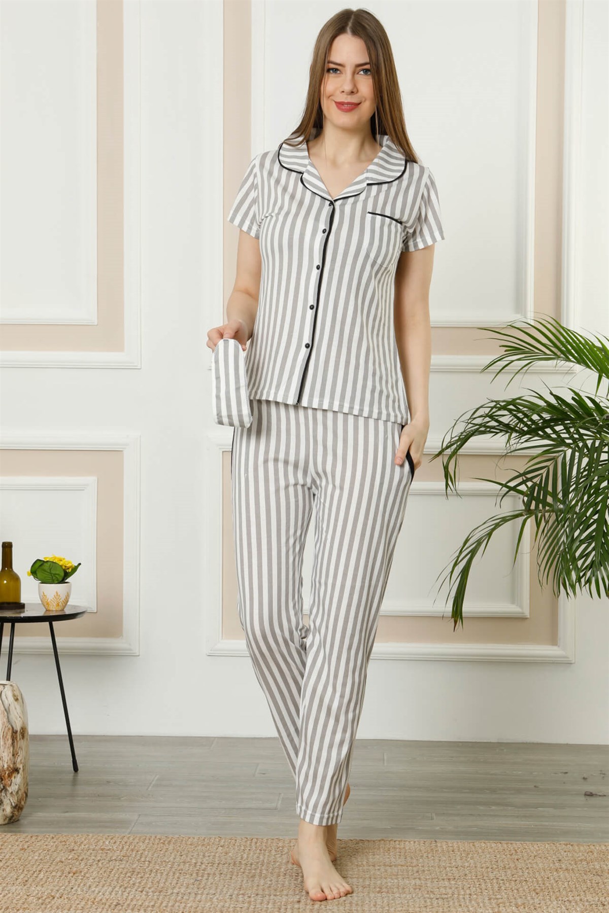 Akbeniz Kadın Gri Pamuklu Düğmeli Cepli Kısa Kol Pijama Takım 2389