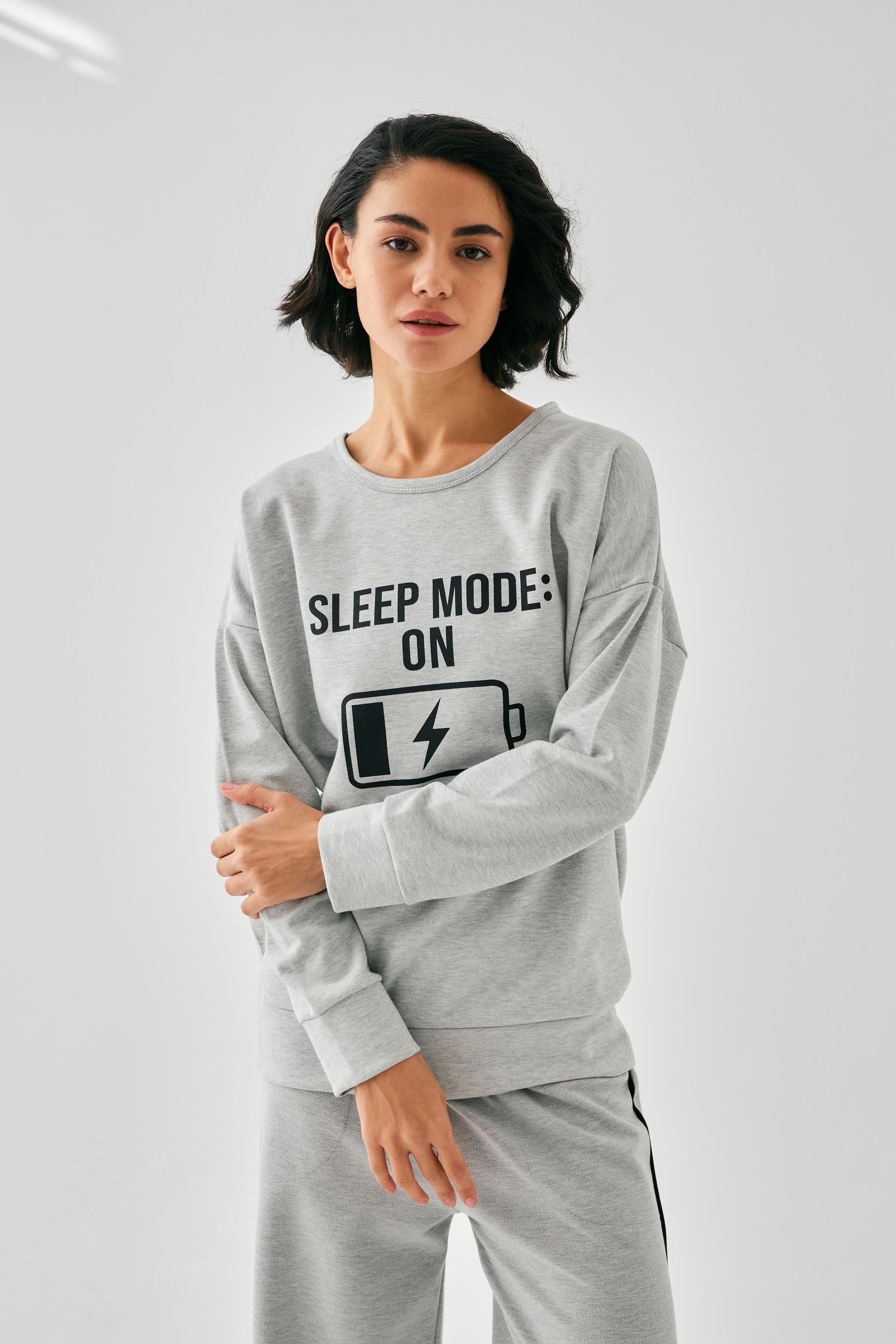 Akbeniz Kadın Gri Sleep Mode ON Oversize 2 İplik Eşofman Ev Giyim Takımı