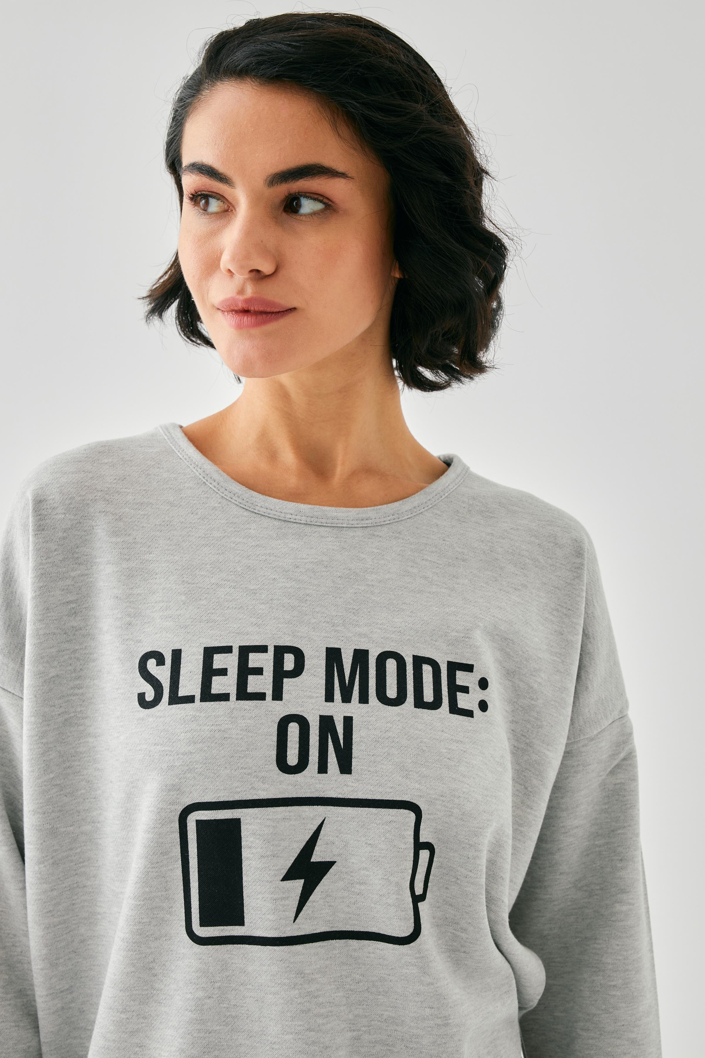 Akbeniz Kadın Gri Sleep Mode ON Oversize 2 İplik Eşofman Ev Giyim Takımı