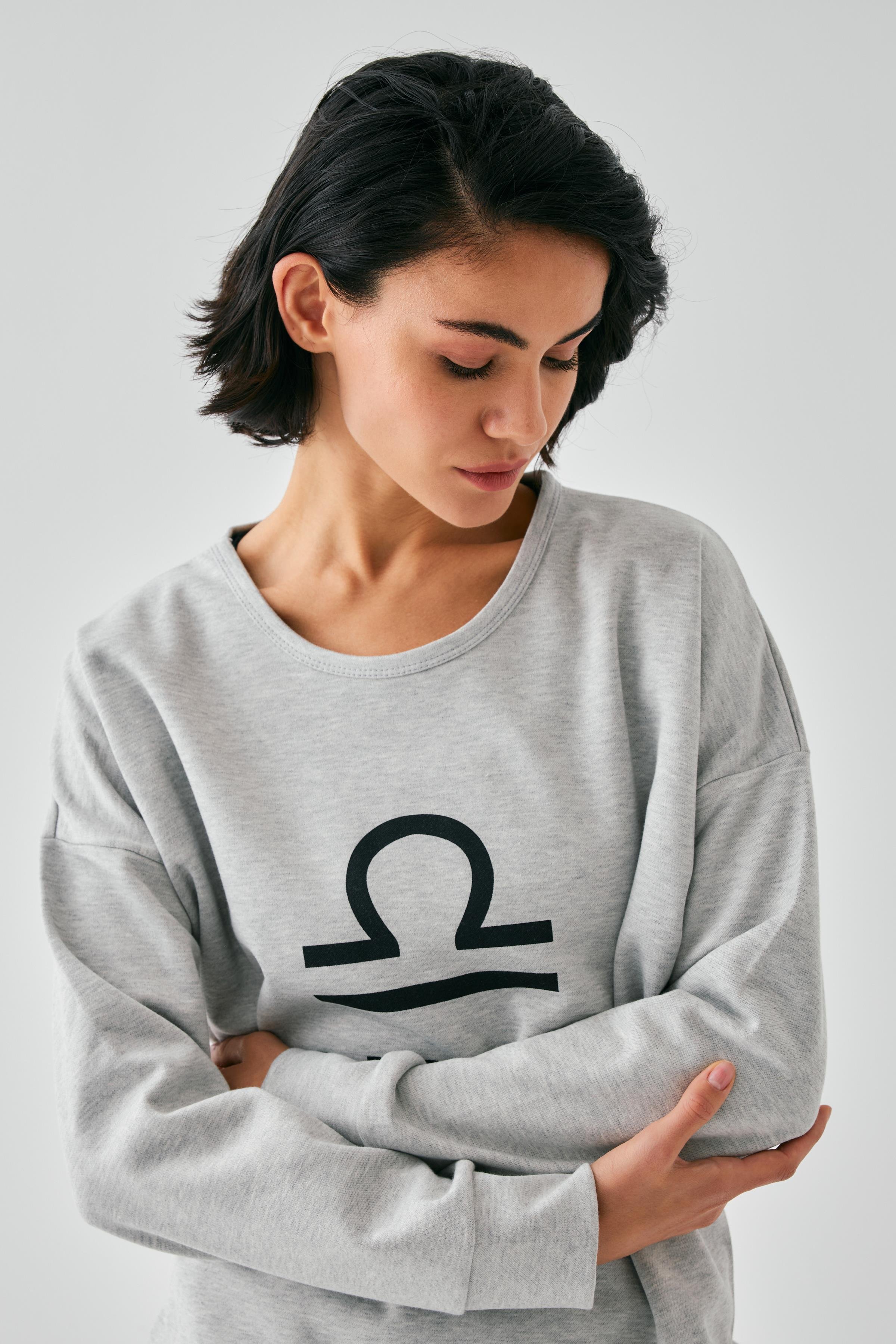 Akbeniz Kadın Gri Terazi Burcu Oversize 2 İplik Eşofman Ev Giyim Takımı