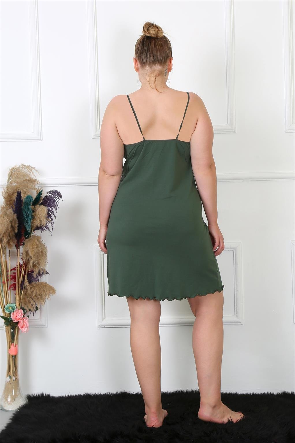 Akbeniz Kadın Haki Pamuklu İp Askılı Büyük Beden Gecelik 985