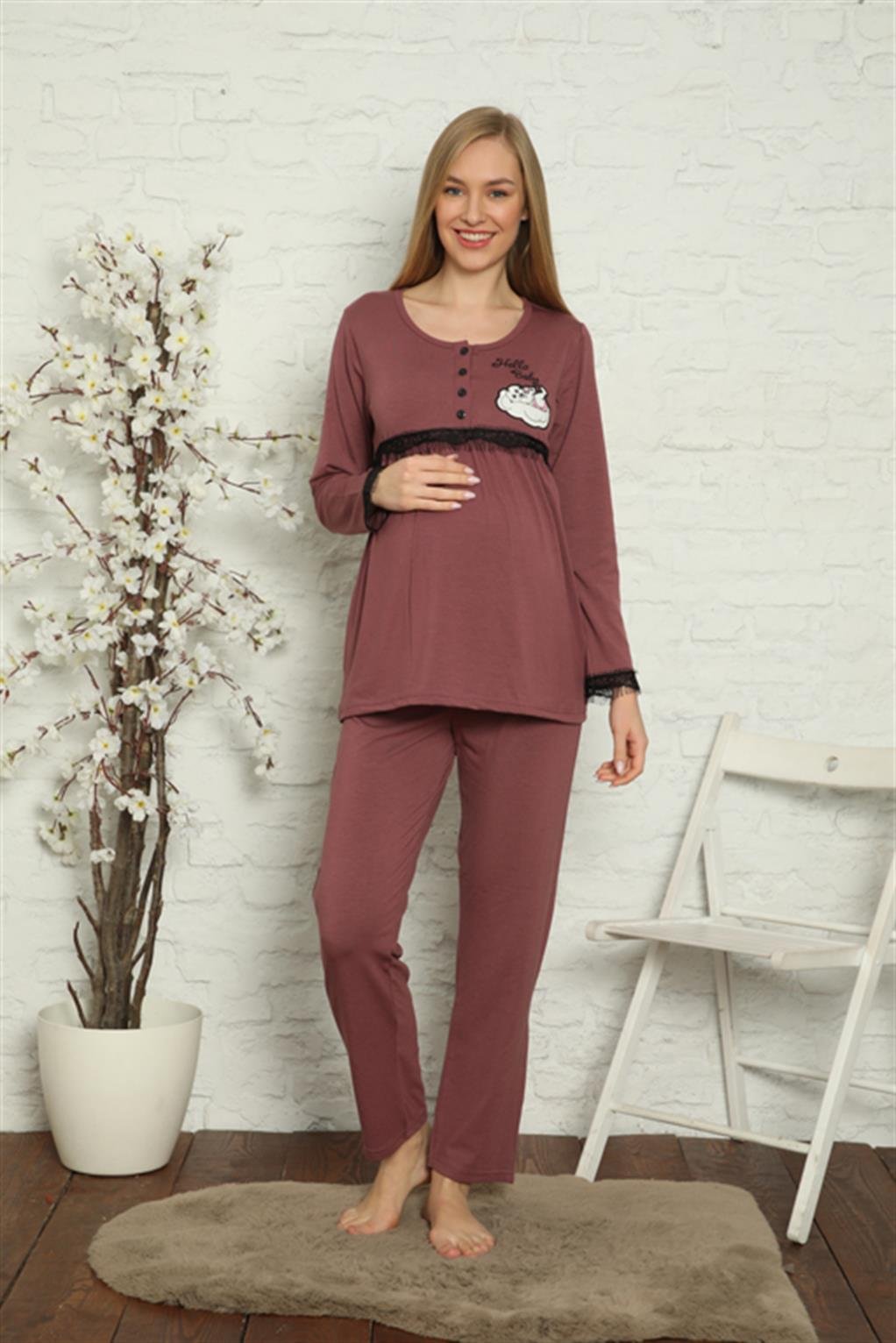 Akbeniz Kadın Hamile Lohusa Mürdüm  Pijama Takımı 45201