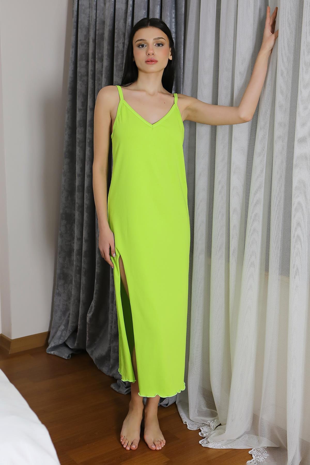 Akbeniz Kadın İp Askılı Uzun Yırtmaçlı Pamuk Penye Gecelik NeonYeşil 90125 