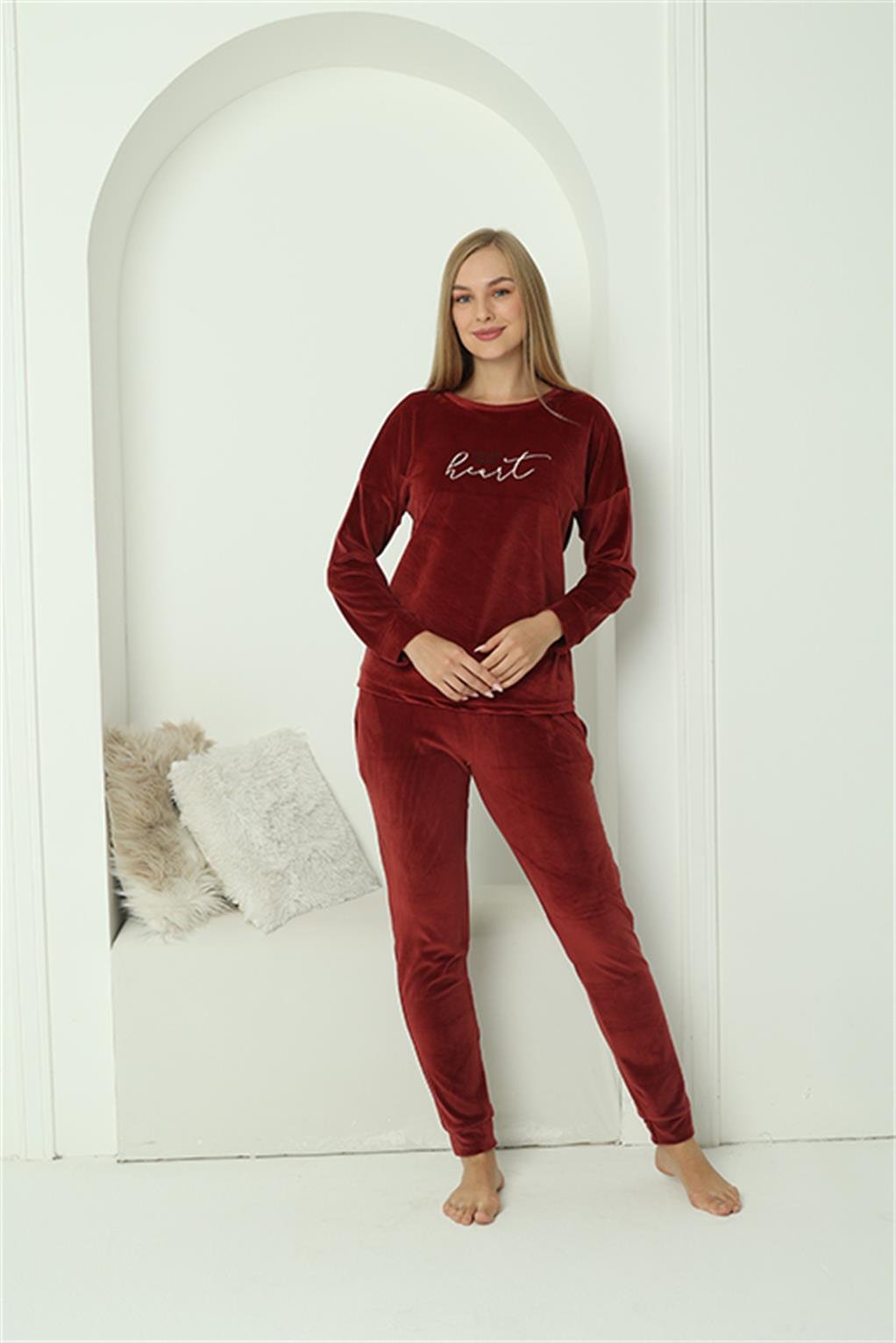 Akbeniz Kadın Kadife Bordo Pijama Takım 20624