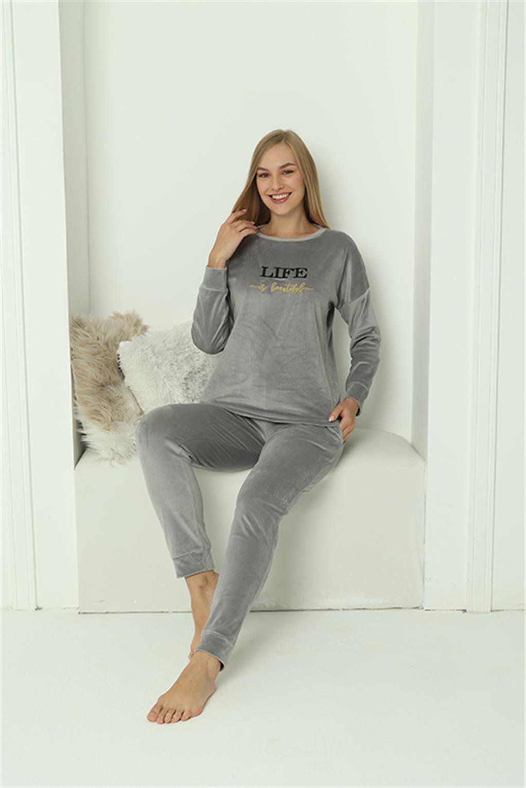 Akbeniz Kadın Kadife Gri Pijama Takım 20624