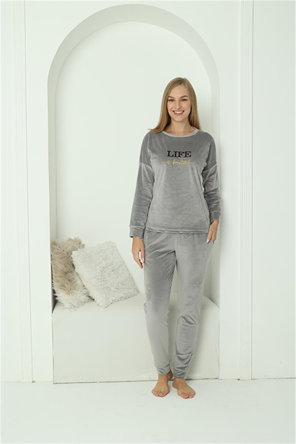 Akbeniz Kadın Kadife Gri Pijama Takım 20624