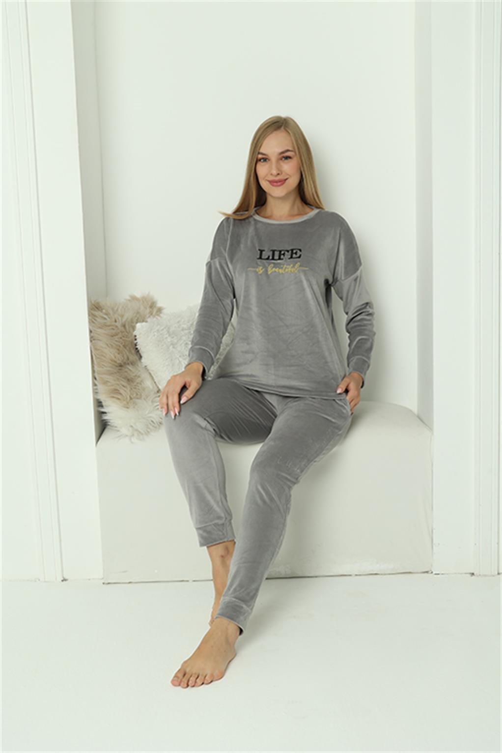 Akbeniz Kadın Kadife Gri Pijama Takım 20624
