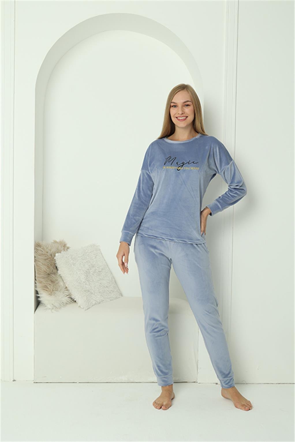 Akbeniz Kadın Kadife Mavi Pijama Takım 20624