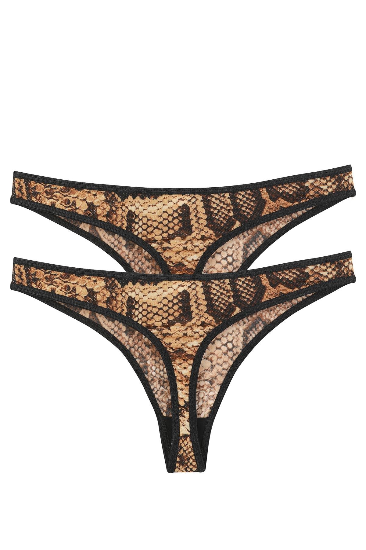 Akbeniz Kadın Kahverengi Yılan Desenli 2’li Tanga Slip