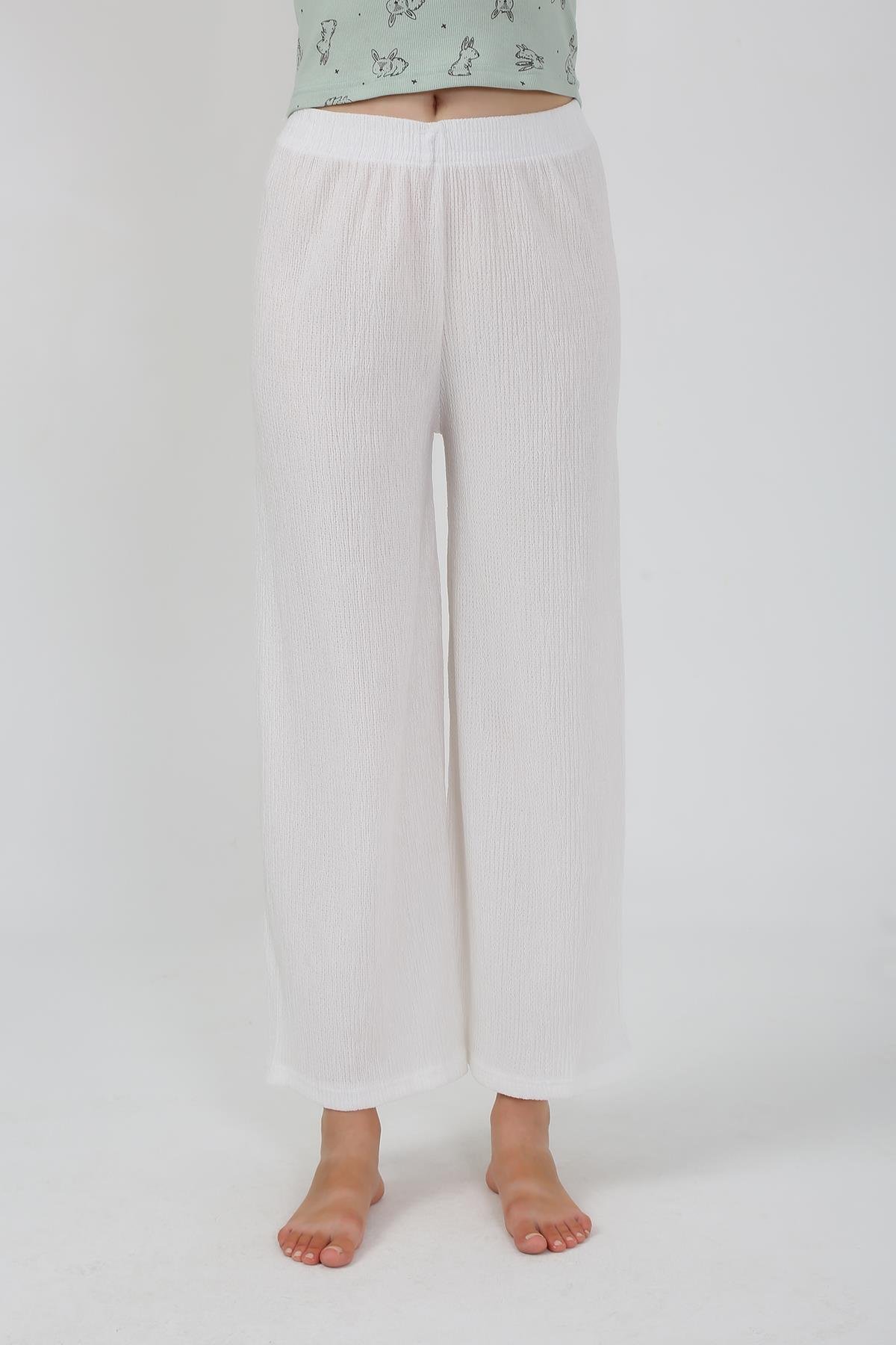 Akbeniz Kadın Kalın Askılı Body Bol Paça Pantolon 2`li Takım Beyaz 4219