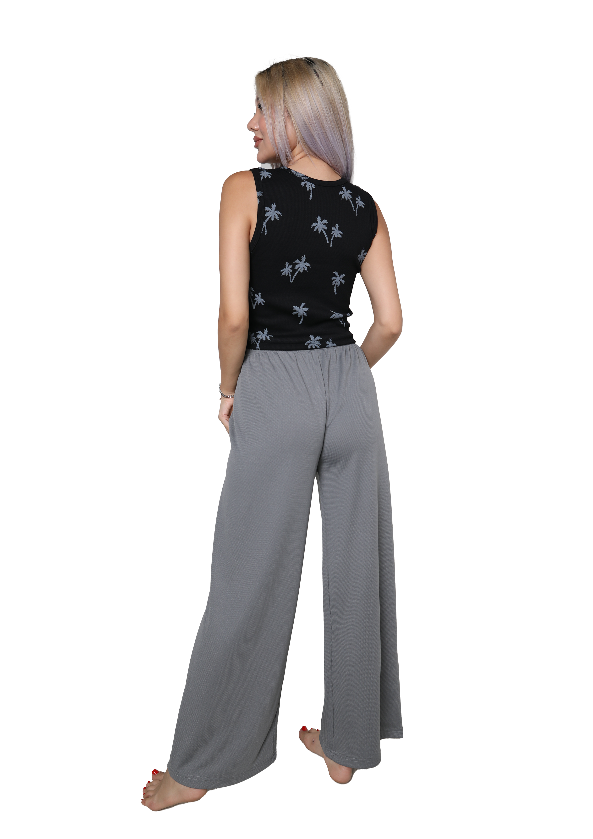 Akbeniz Kadın Kalın Askılı Body Bol Paça Pantolon 2`li Takım Siyah 4217