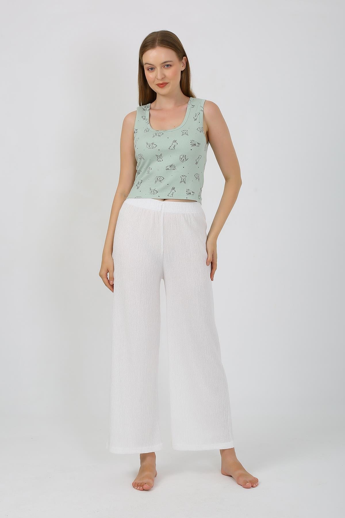 Akbeniz Kadın Kalın Askılı Body Bol Paça Pantolon 2`li Takım Beyaz 4219