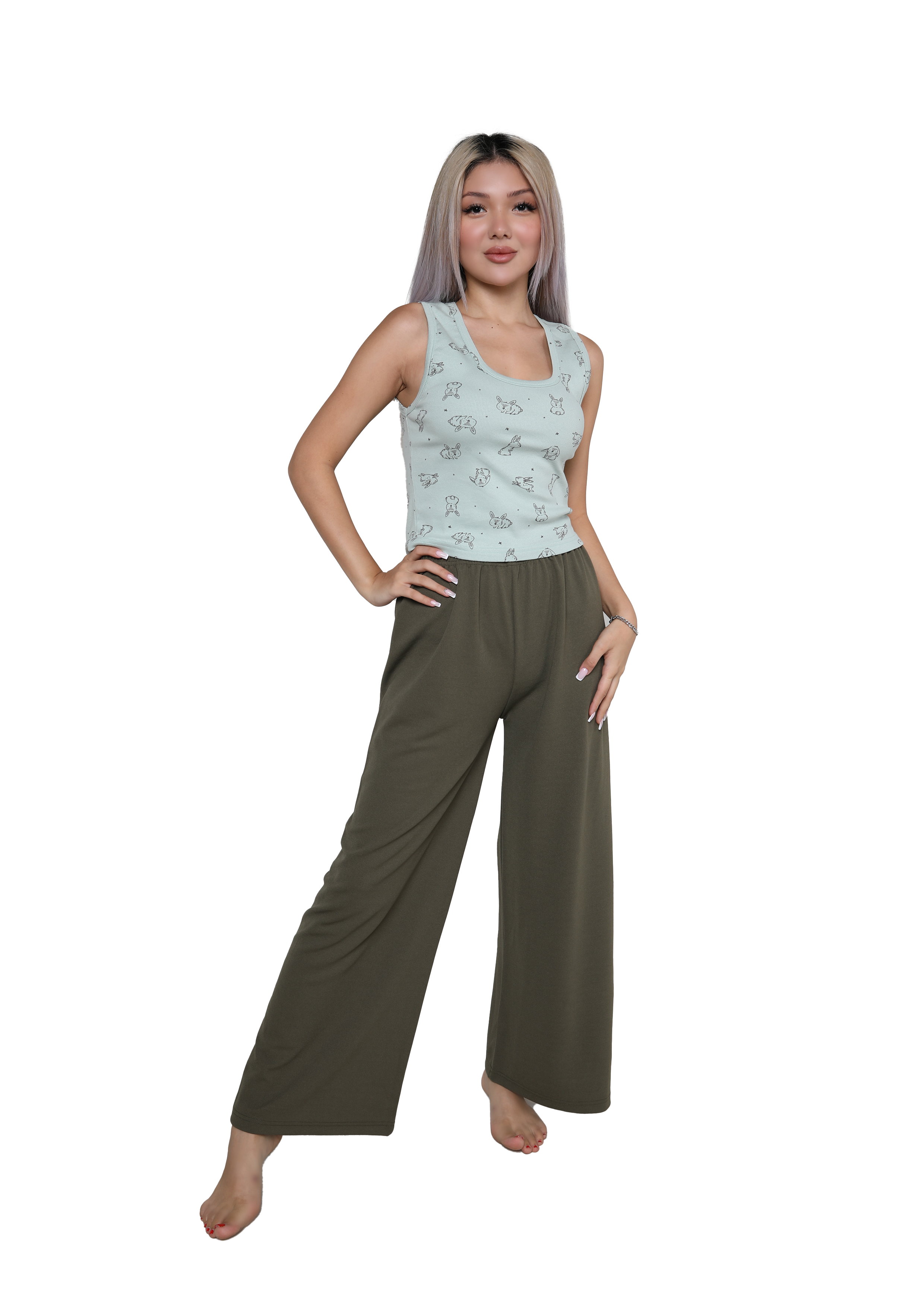 Akbeniz Kadın Kalın Askılı Body Bol Paça Pantolon 2`li Takım Su Yeşili 4217