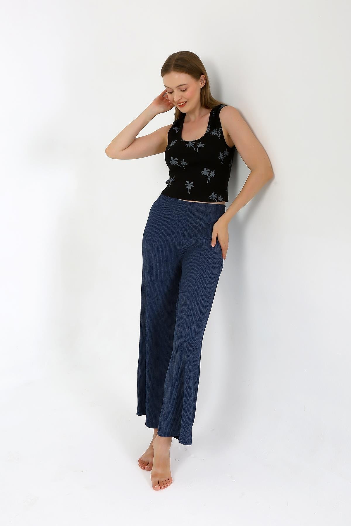 Akbeniz Kadın Kalın Askılı Body Bol Paça Pantolon 2`li Takım Siyah 4221