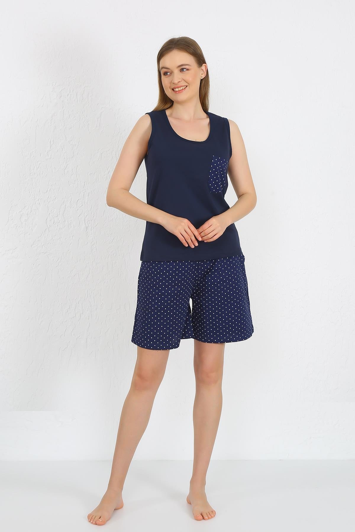 Akbeniz Kadın Kalın Askılı Cepli Şortlu Takım Lacivert 3617