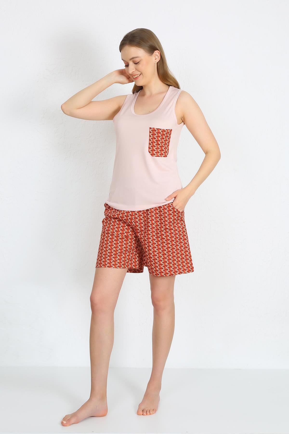 Akbeniz Kadın Kalın Askılı Cepli Şortlu Takım Pudra 3617